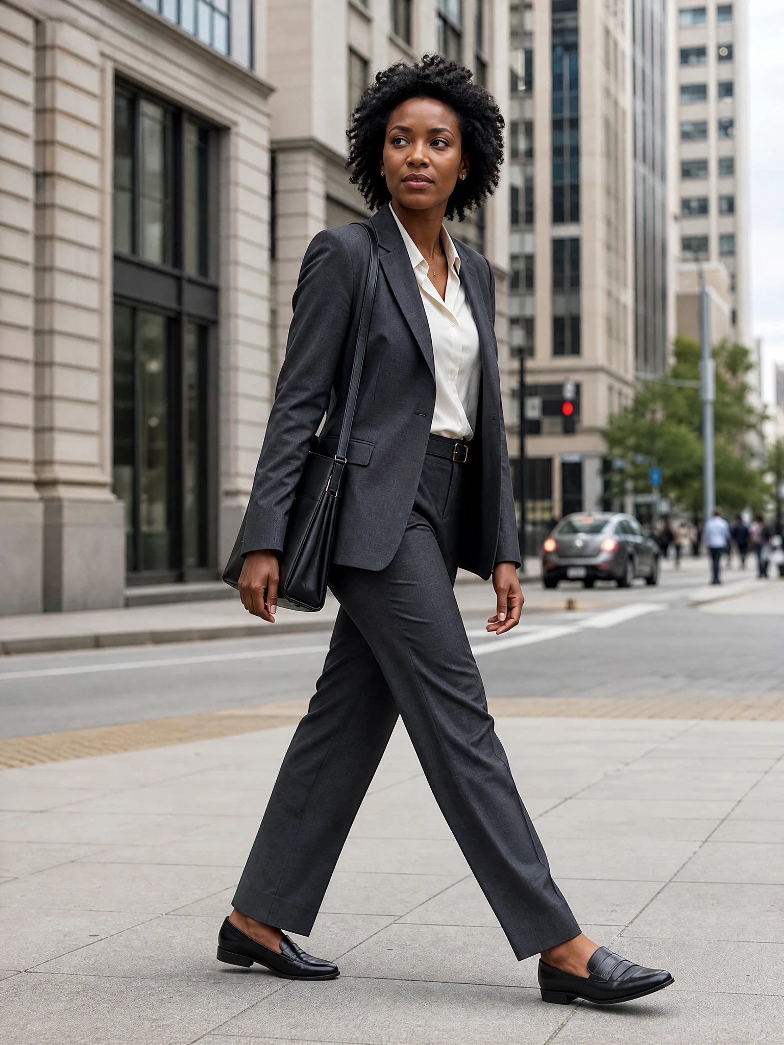 Fictional adult Black woman in a structured suit walking through a city street.