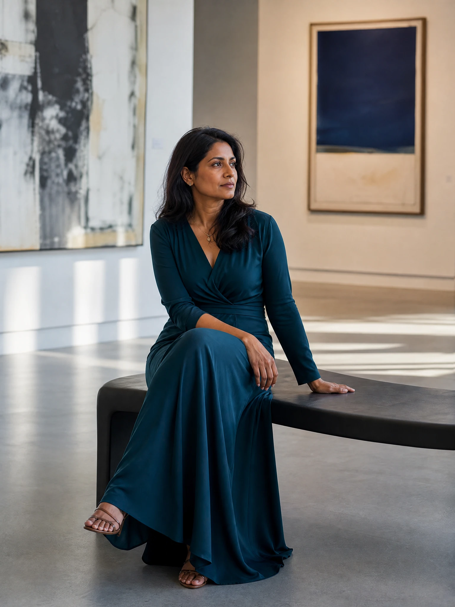 Fictional adult South Asian woman seated in a modern gallery in an elegant long dress.