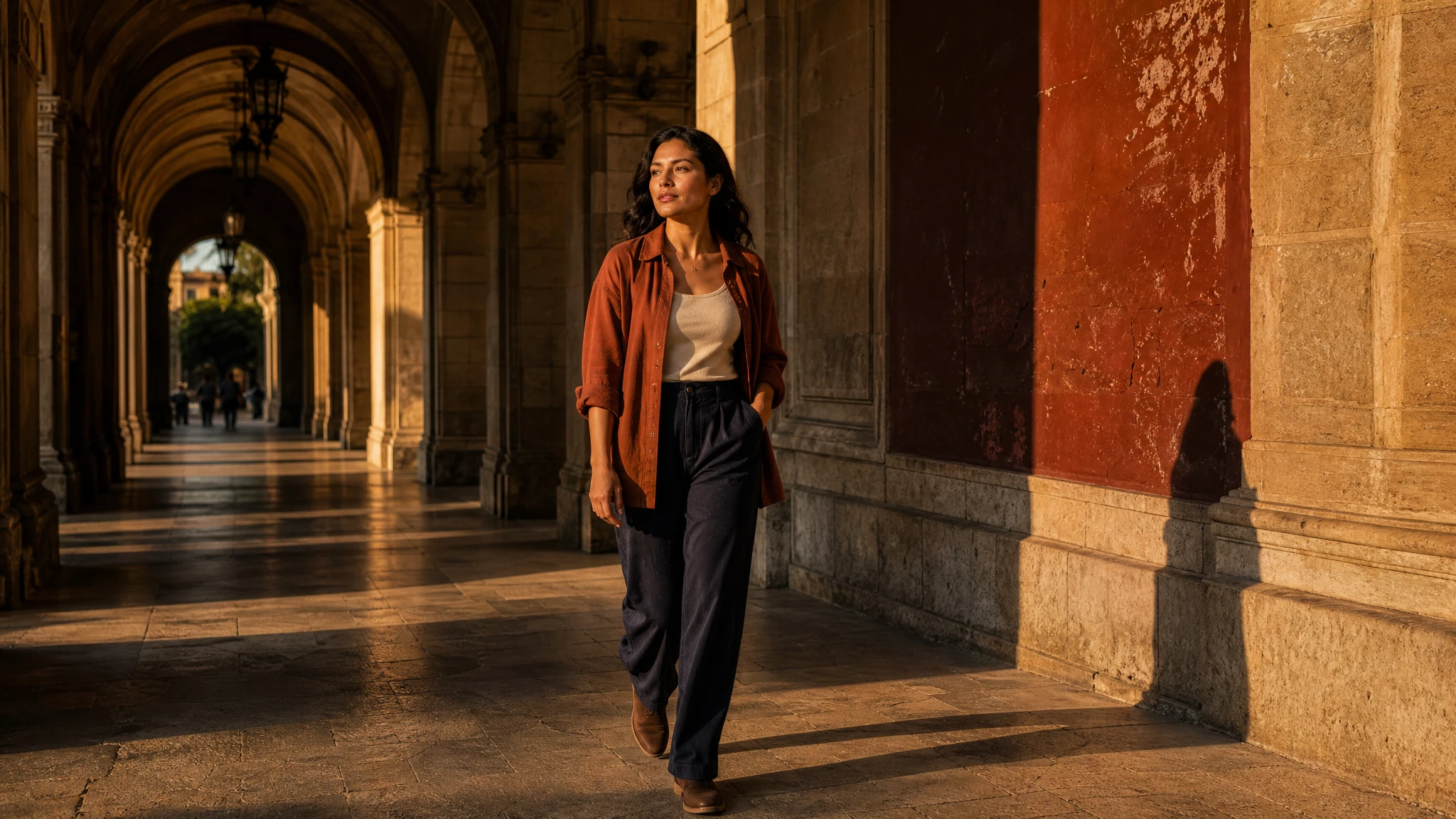 Fictional adult Latina woman walking through a sunlit city arcade at golden hour.