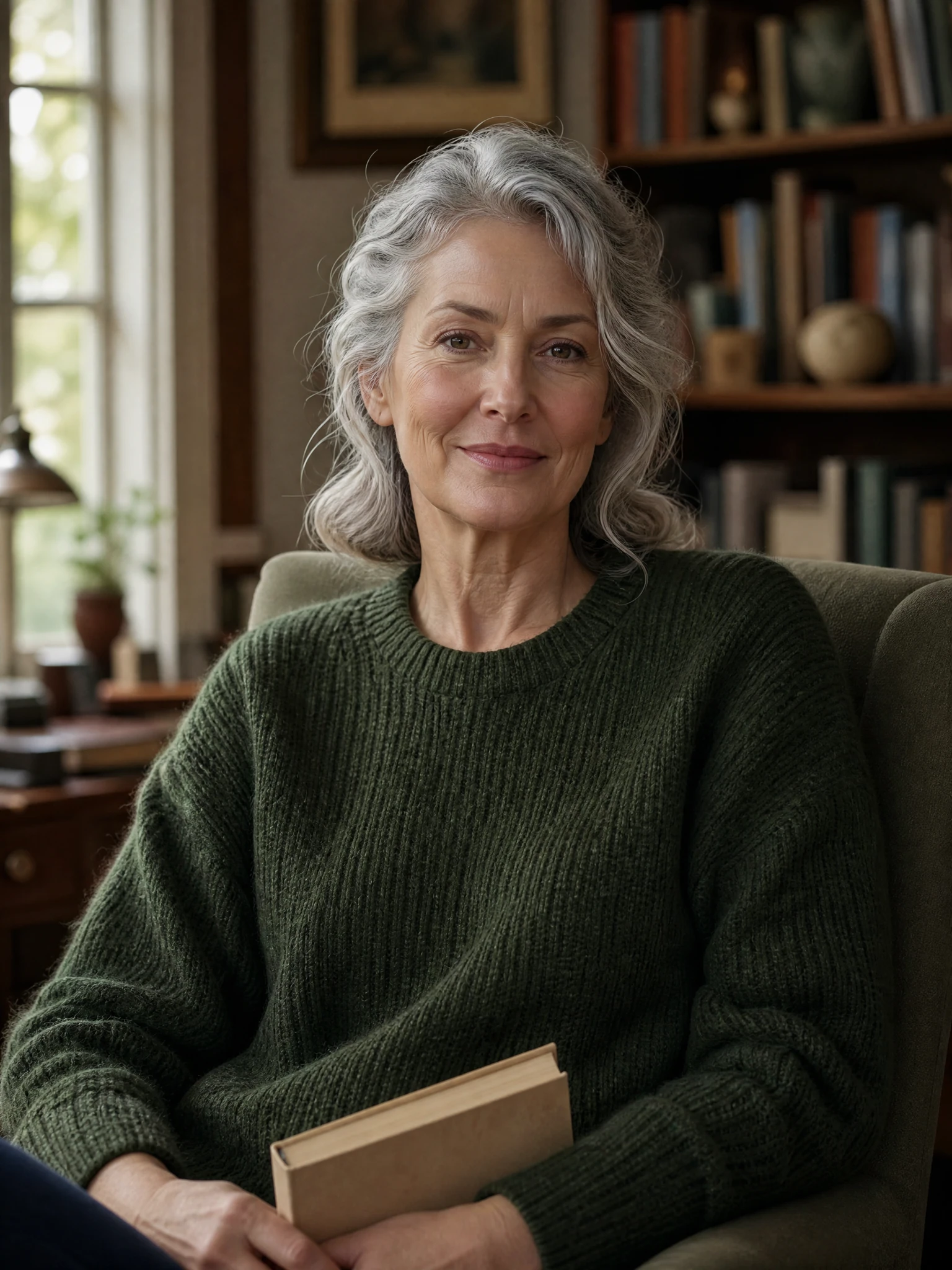 Fictional adult woman with silver hair in a quiet home library.