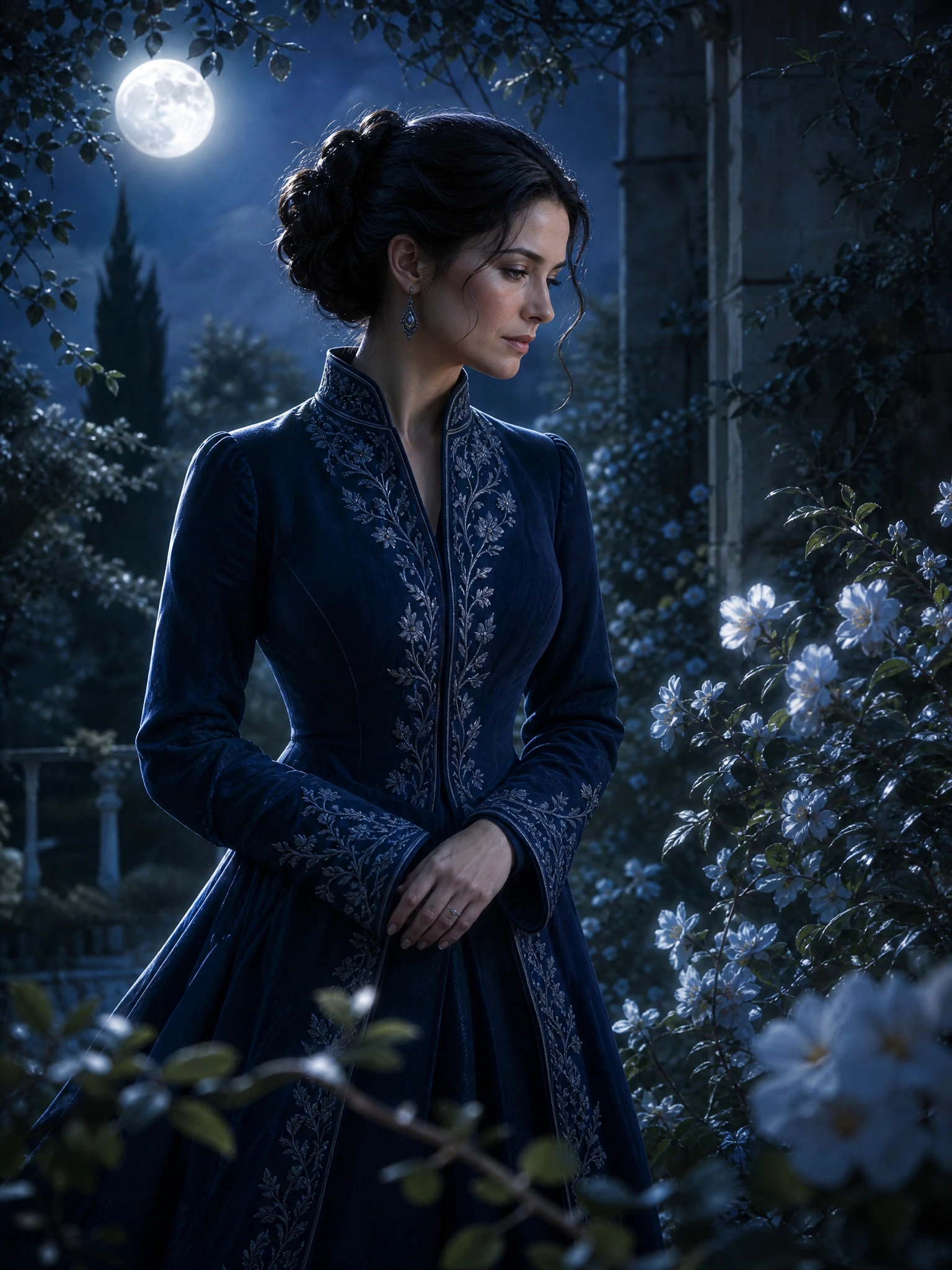 Fictional adult woman in a moonlit garden with a silver-blue painterly atmosphere.