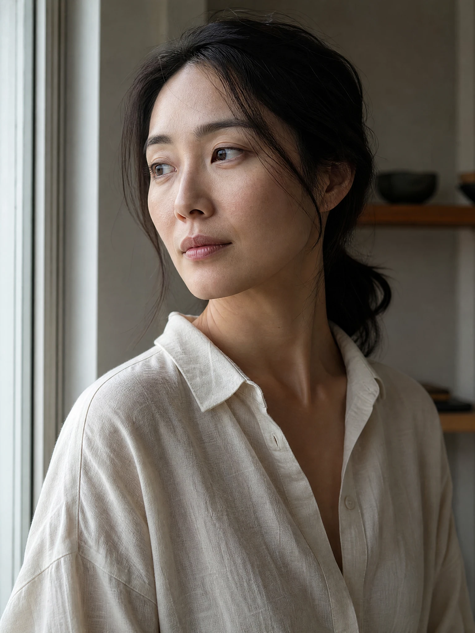 Fictional adult East Asian woman in a linen shirt turning slightly beside a window.