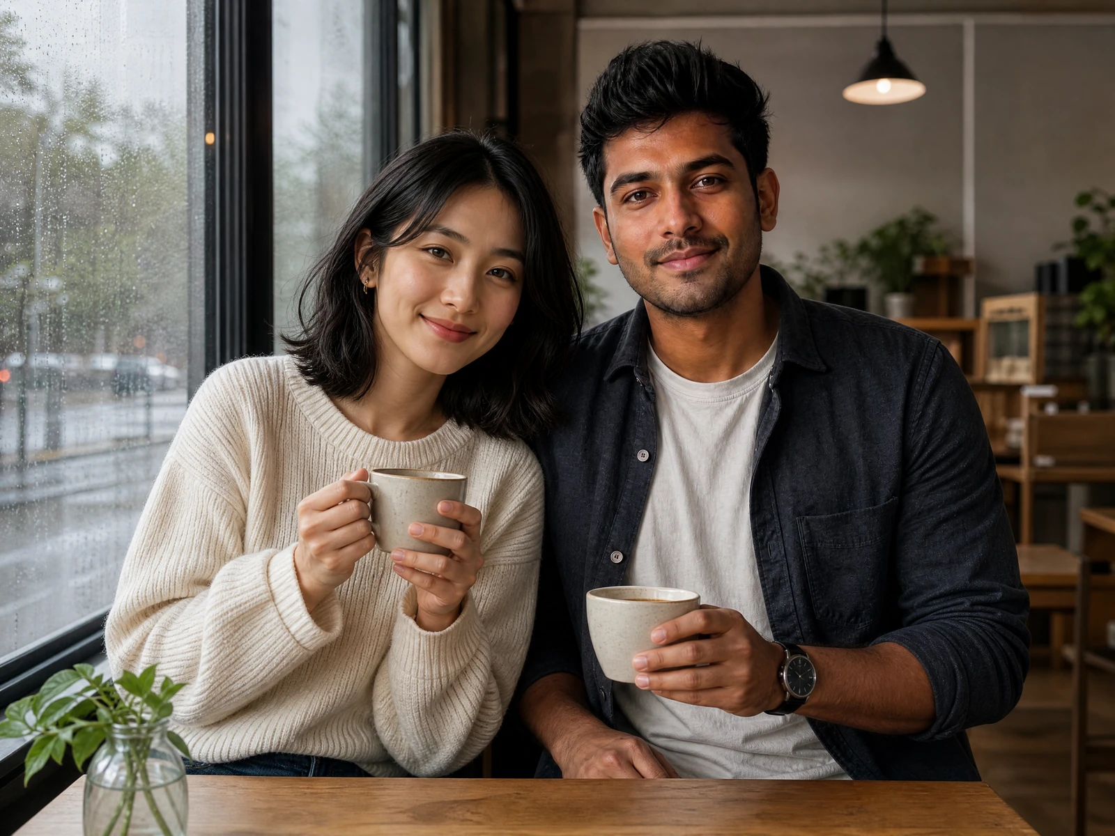 Original fictional adult couple sharing a natural cafe moment