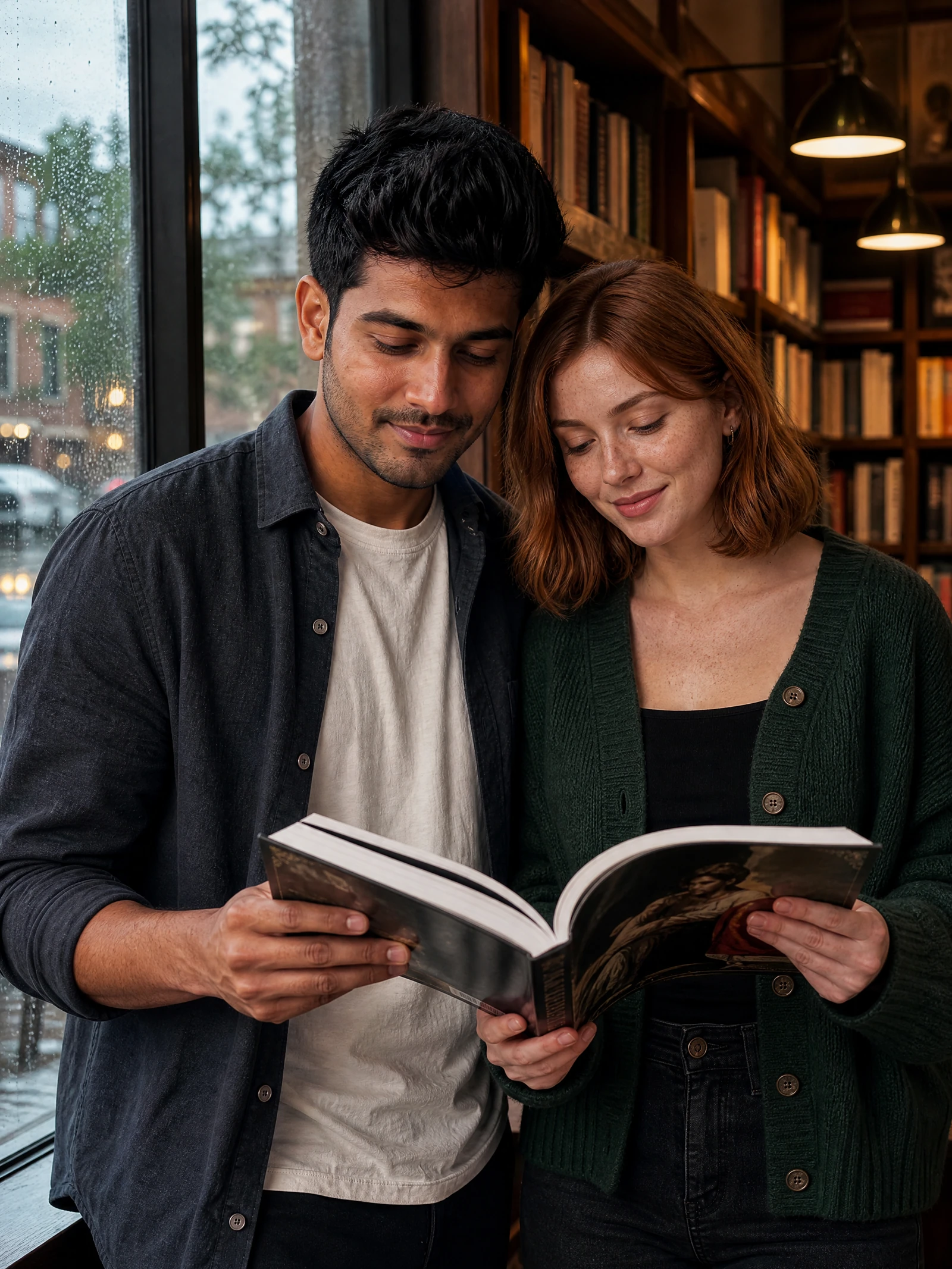 Rainy bookstore with an original fictional adult couple