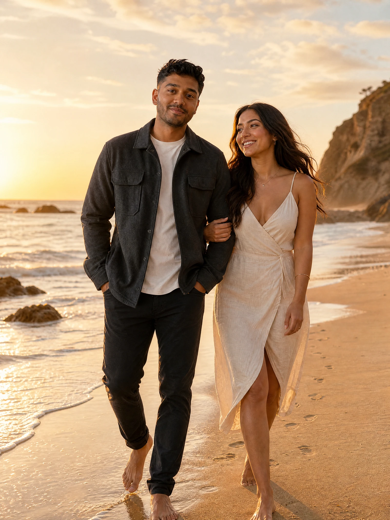 Sunset beach with an original fictional adult couple