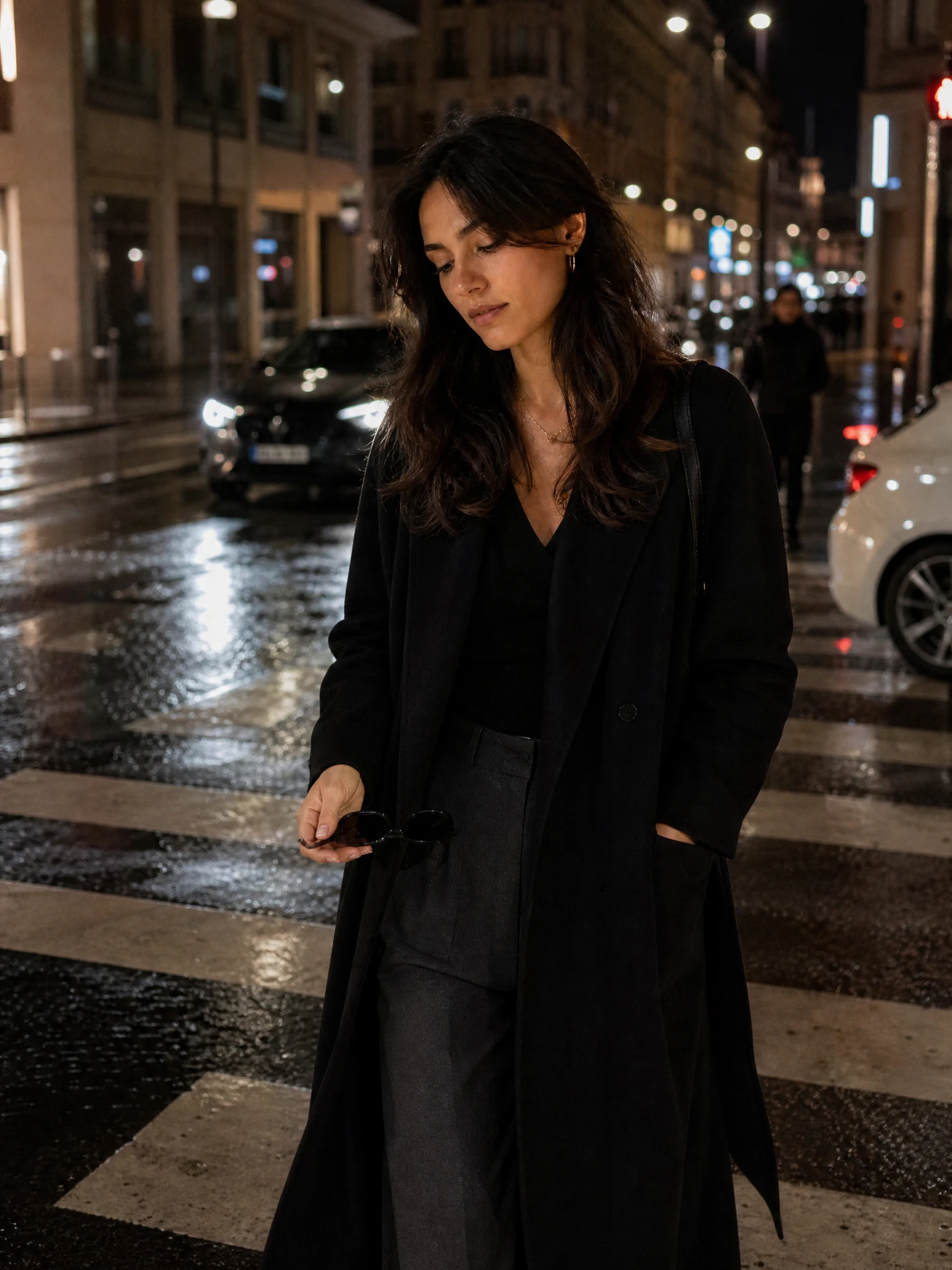 The same fictional adult creator in a evening city walk setting.