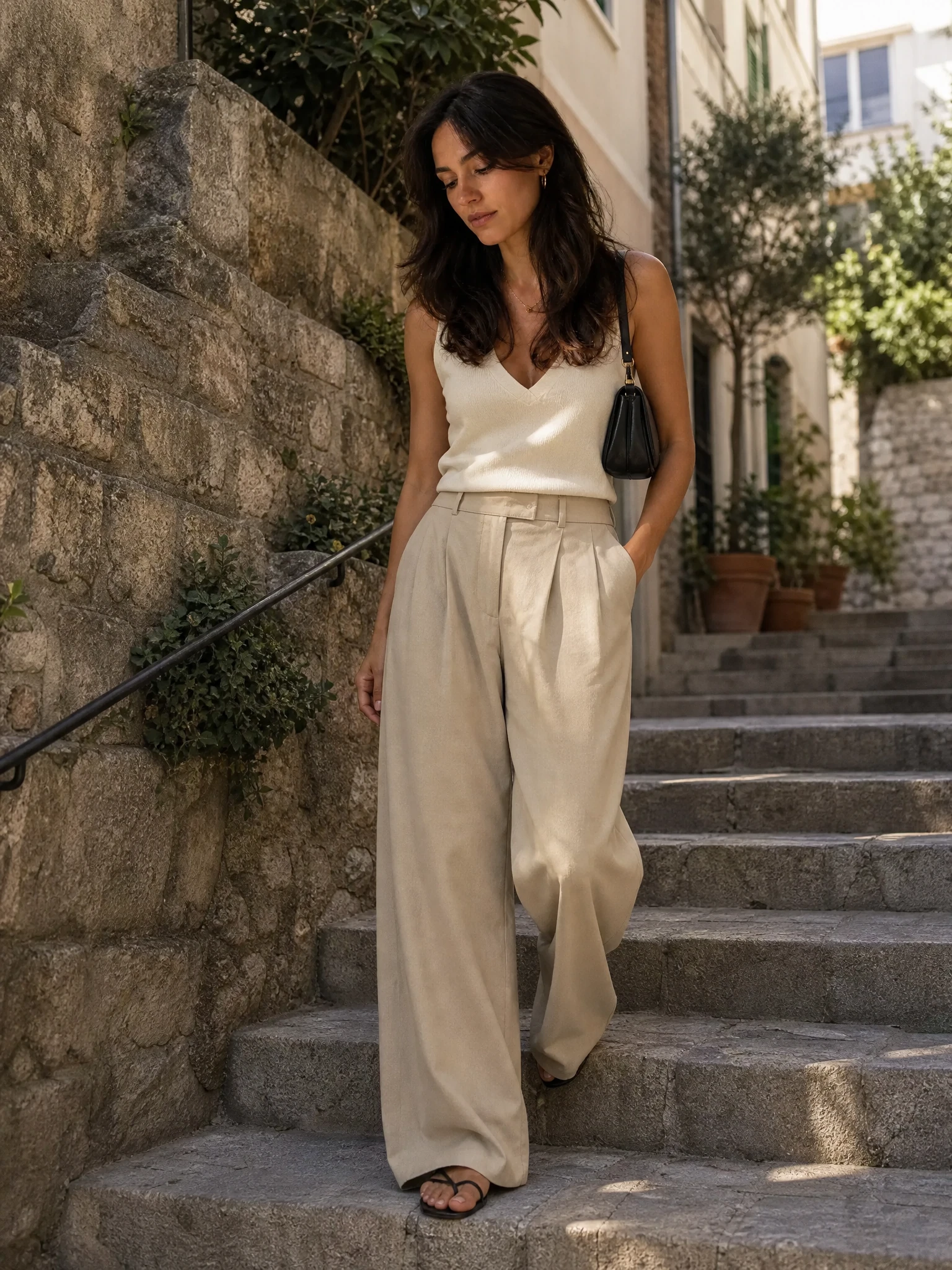 The same fictional adult creator in an ivory top and wide-leg trousers on a stone city stairway.