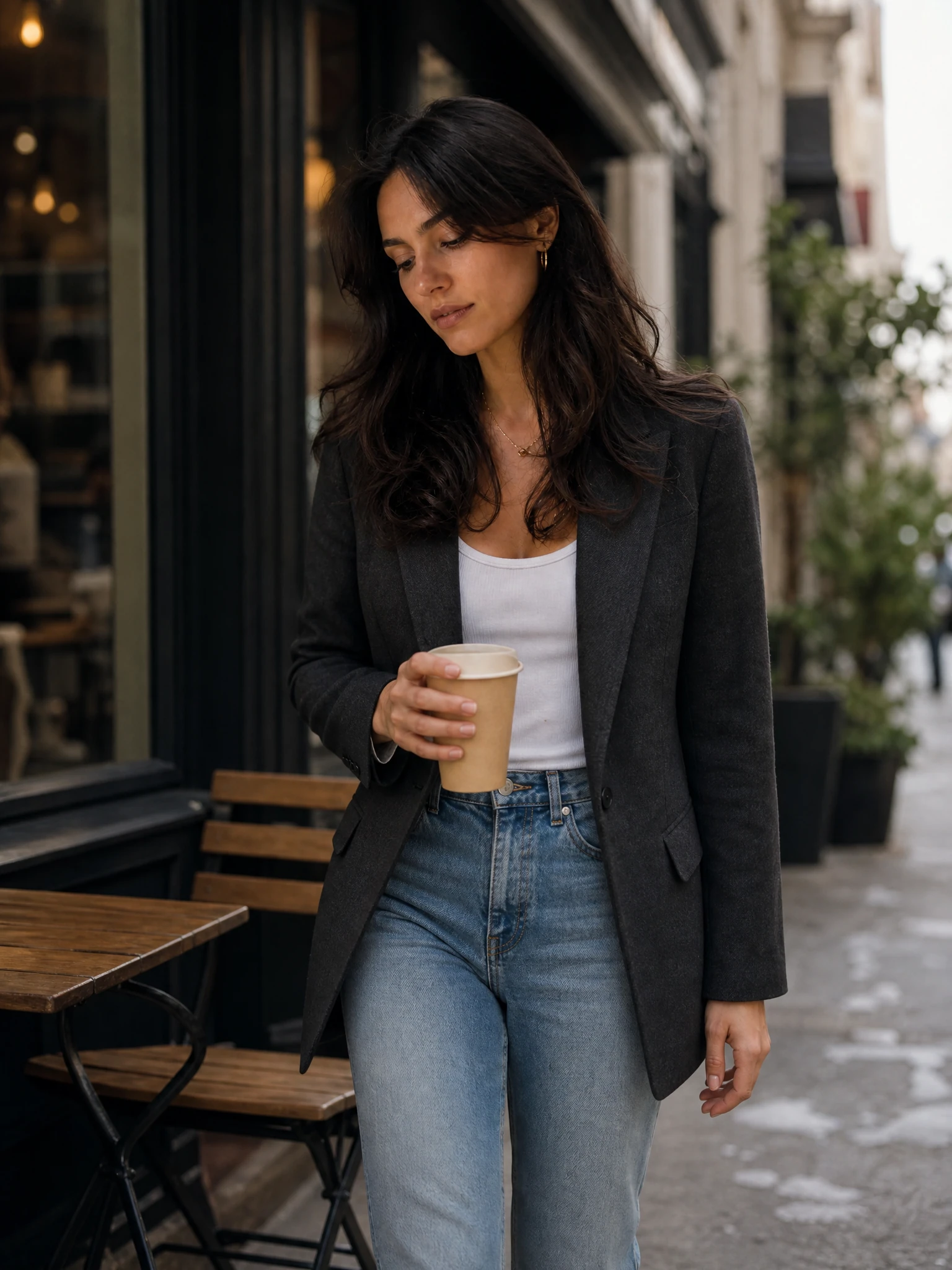 The same fictional adult creator walking outside a neighborhood cafe with a plain paper cup.