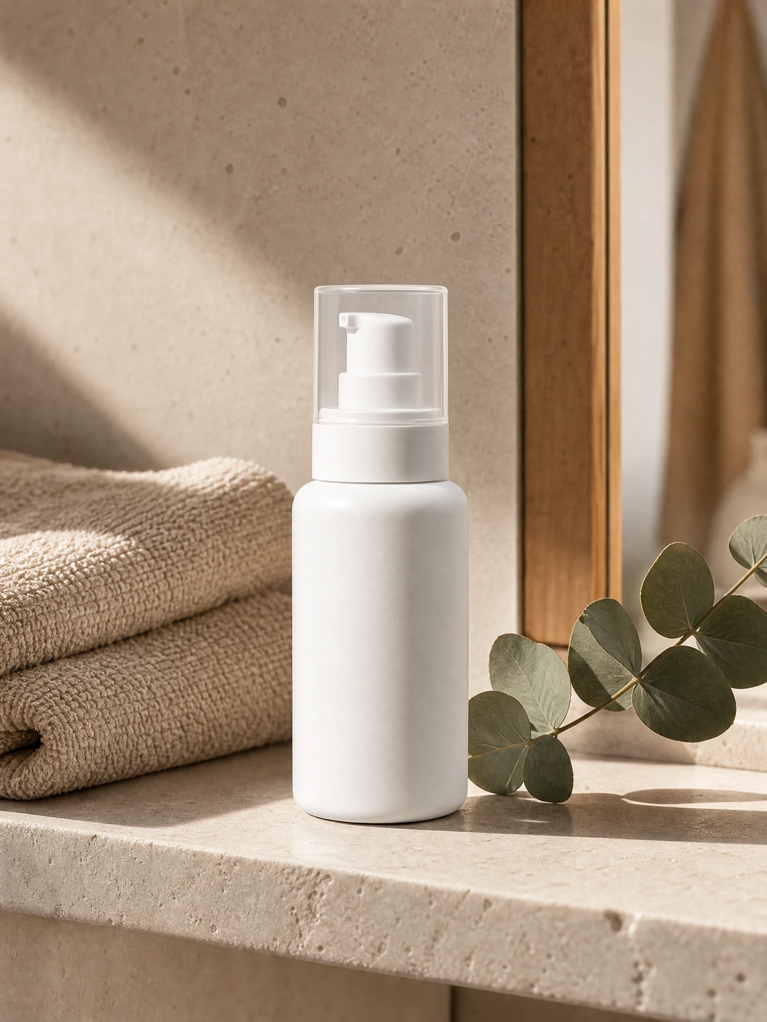 Unbranded white skincare pump styled on a warm bathroom shelf with a folded towel and eucalyptus.