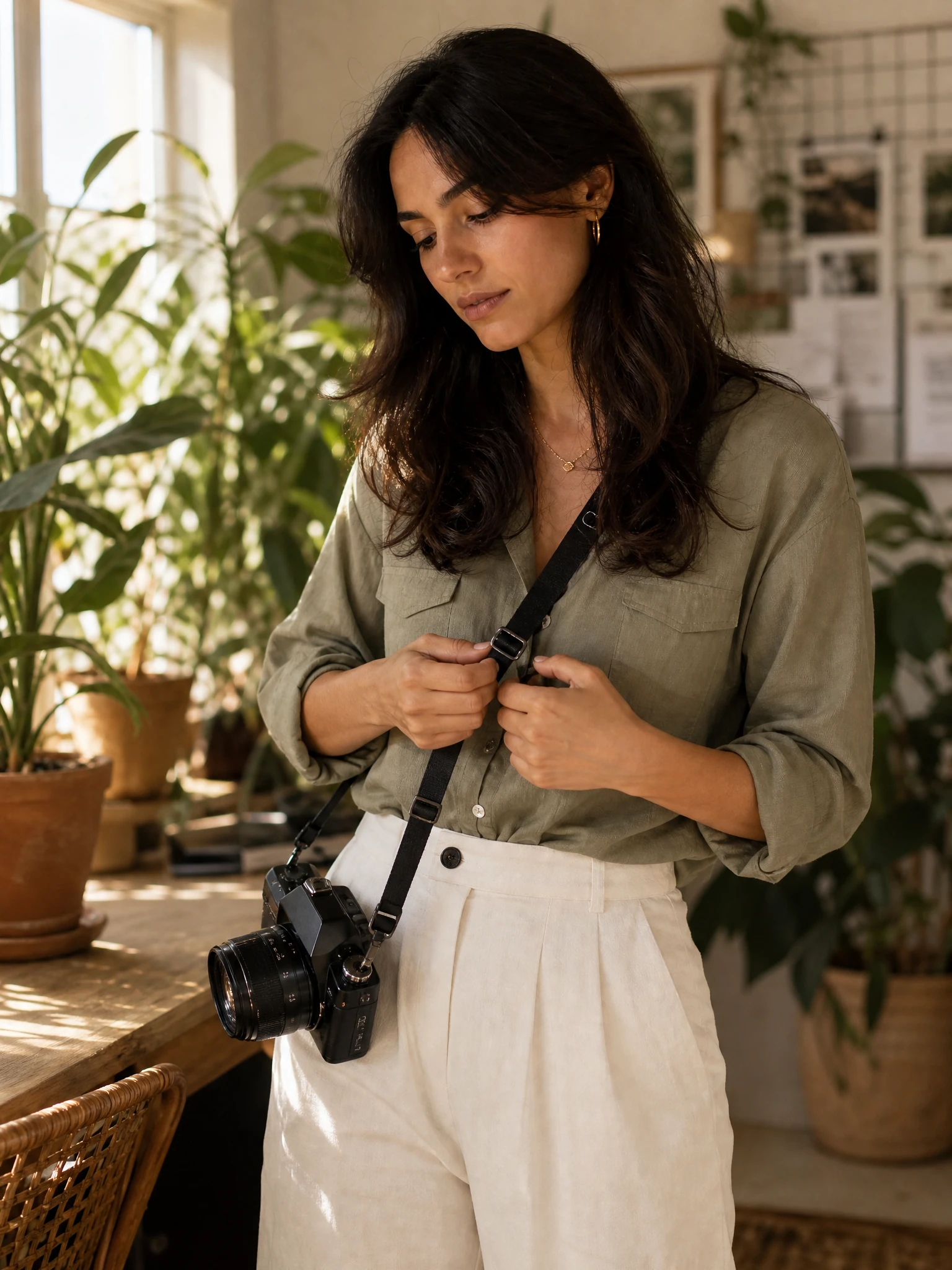 Fictional adult creator in a plant-filled workspace wearing a muted sage shirt.