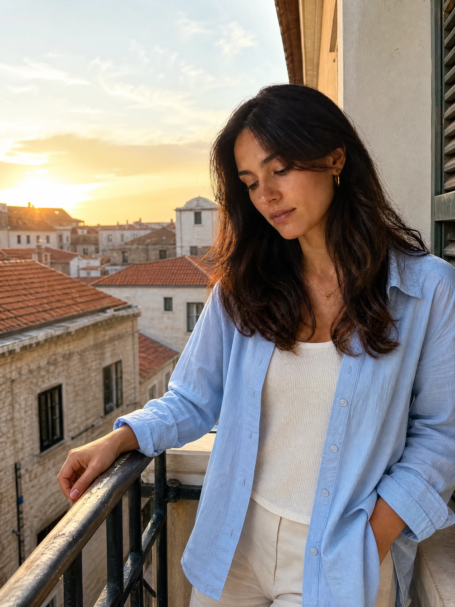 The same fictional adult creator looking over an old town from a hotel balcony at sunrise.