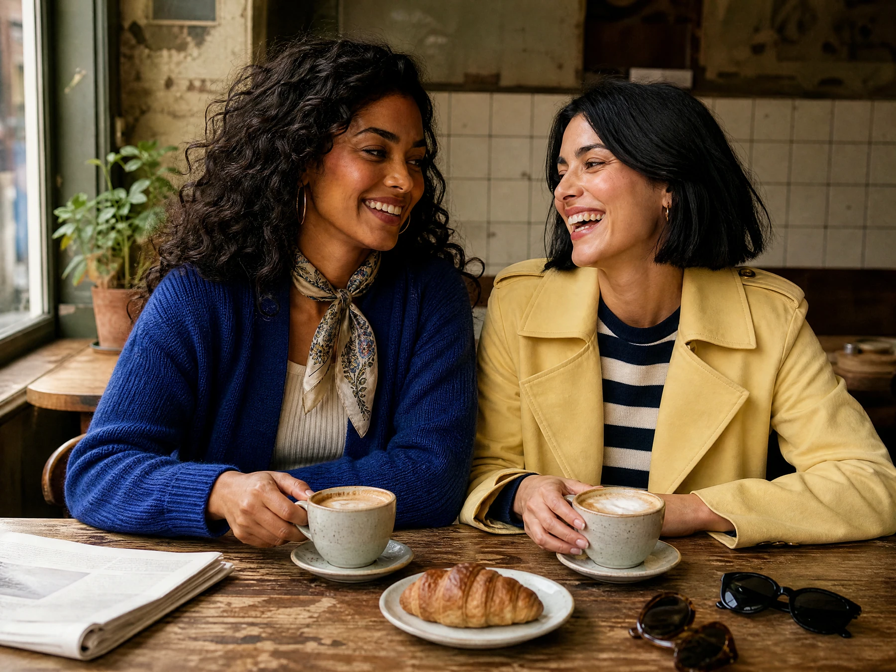 Two fictional adult friends sharing coffee in a lively original lifestyle scene.