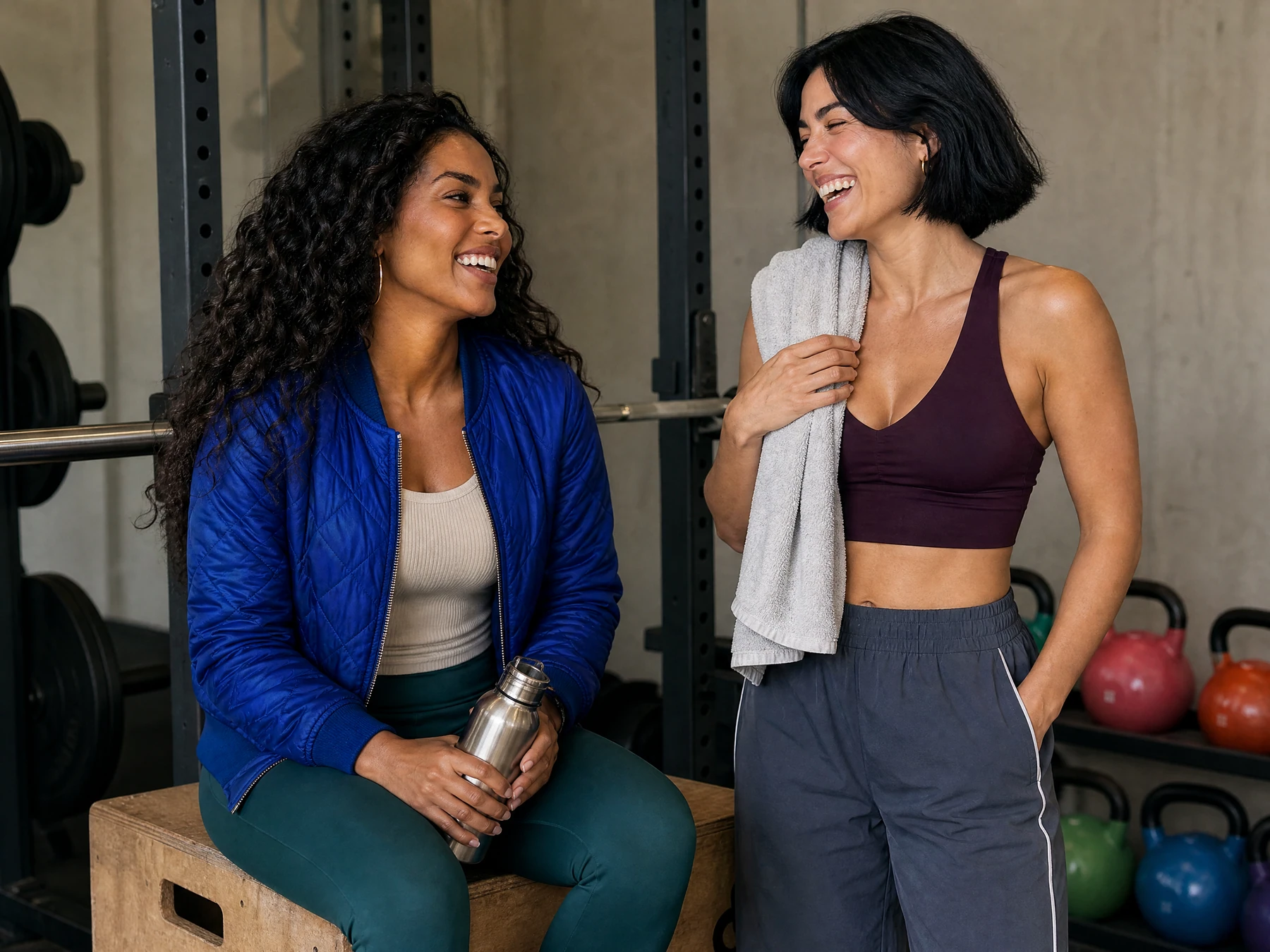 Two fictional adult gym partners sharing a candid post-workout laugh.