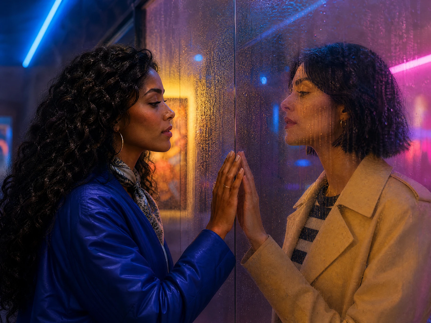 Two fictional adults touching hands across glass in a symbolic connection scene.