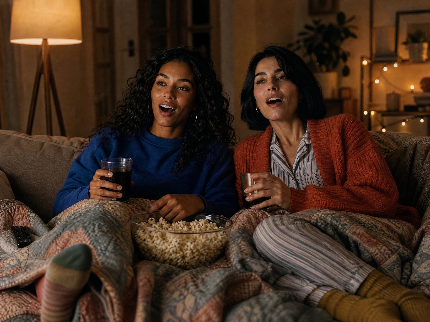 Two fictional adult friends sharing popcorn during a cozy movie night.