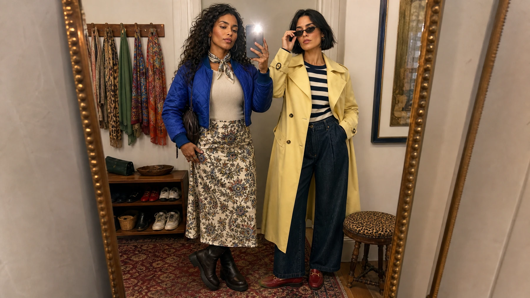 Two fictional adult friends checking distinctive street-style outfits in a mirror.