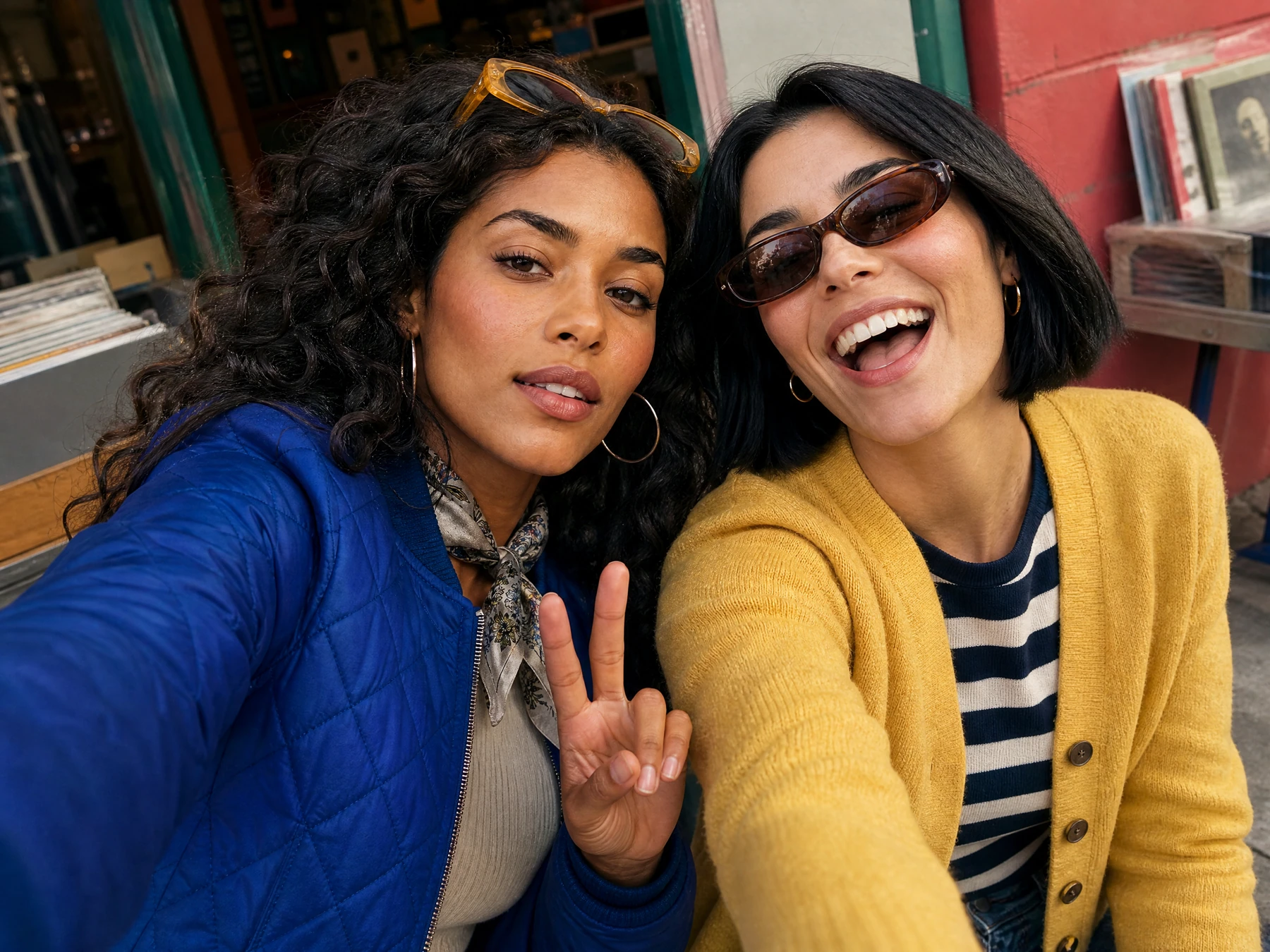 Two fictional adult friends making a playful close-up selfie with distinctive personal styling.