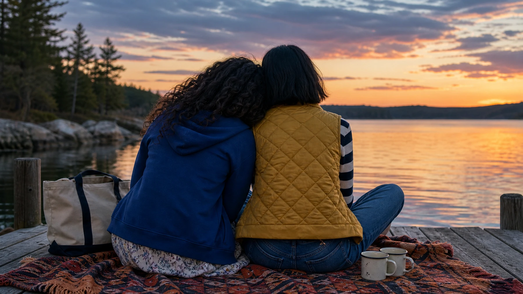 Two fictional adult travel friends seen from behind at a vivid lakeside sunset.