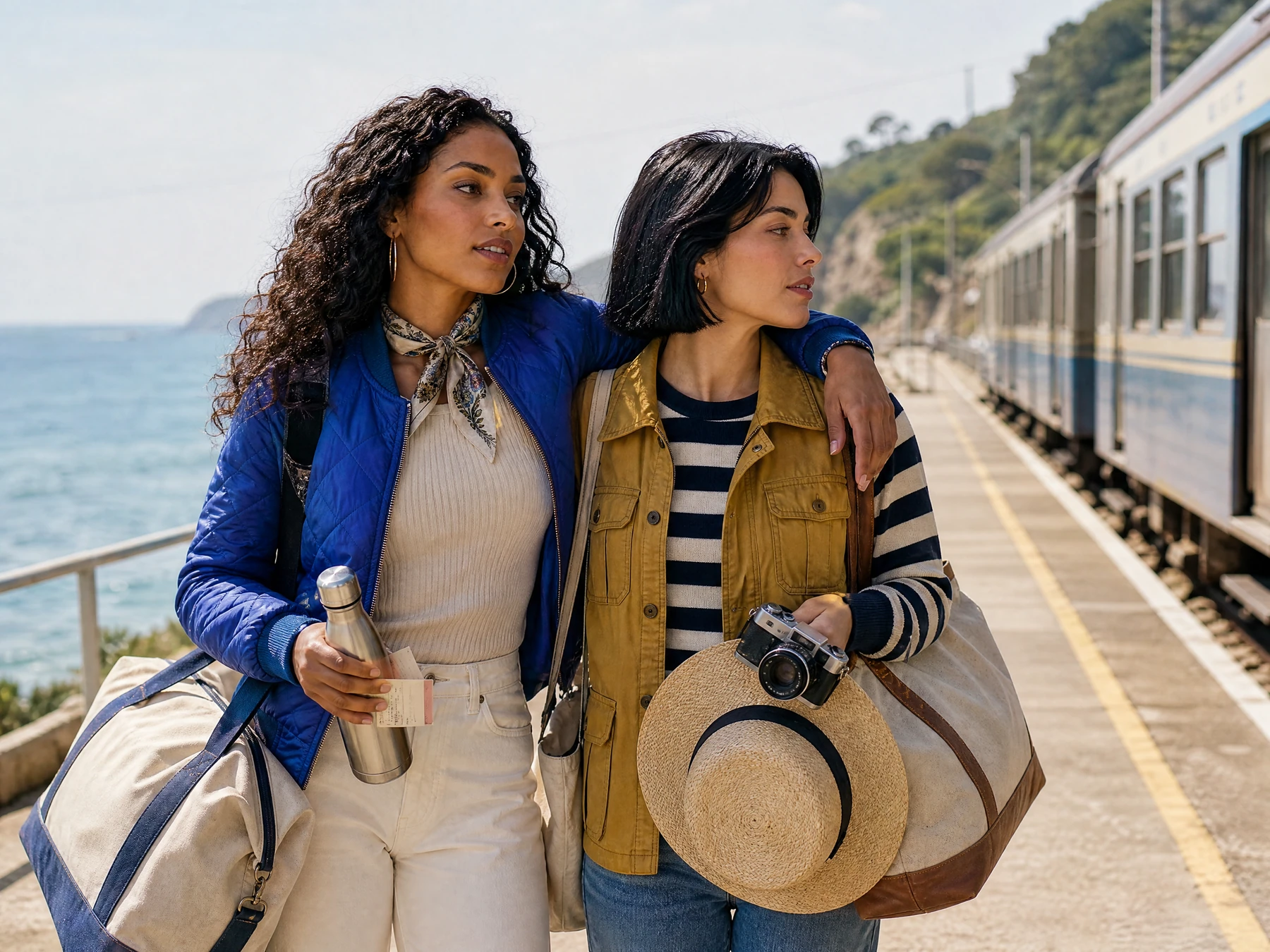 Two fictional adult travel friends in distinctive layered outfits at a coastal station.