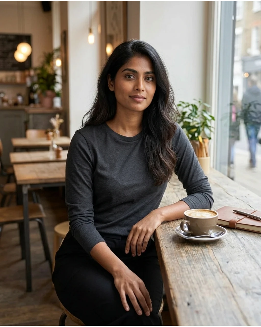 Fictional adult in a city cafe scene created from the source photo