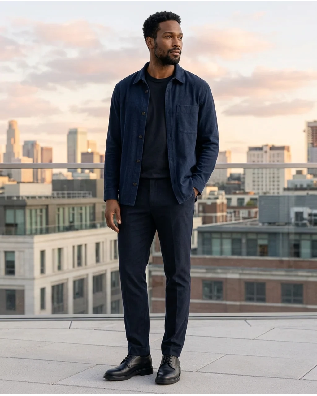 Fictional adult in a rooftop campaign scene created from the source photo