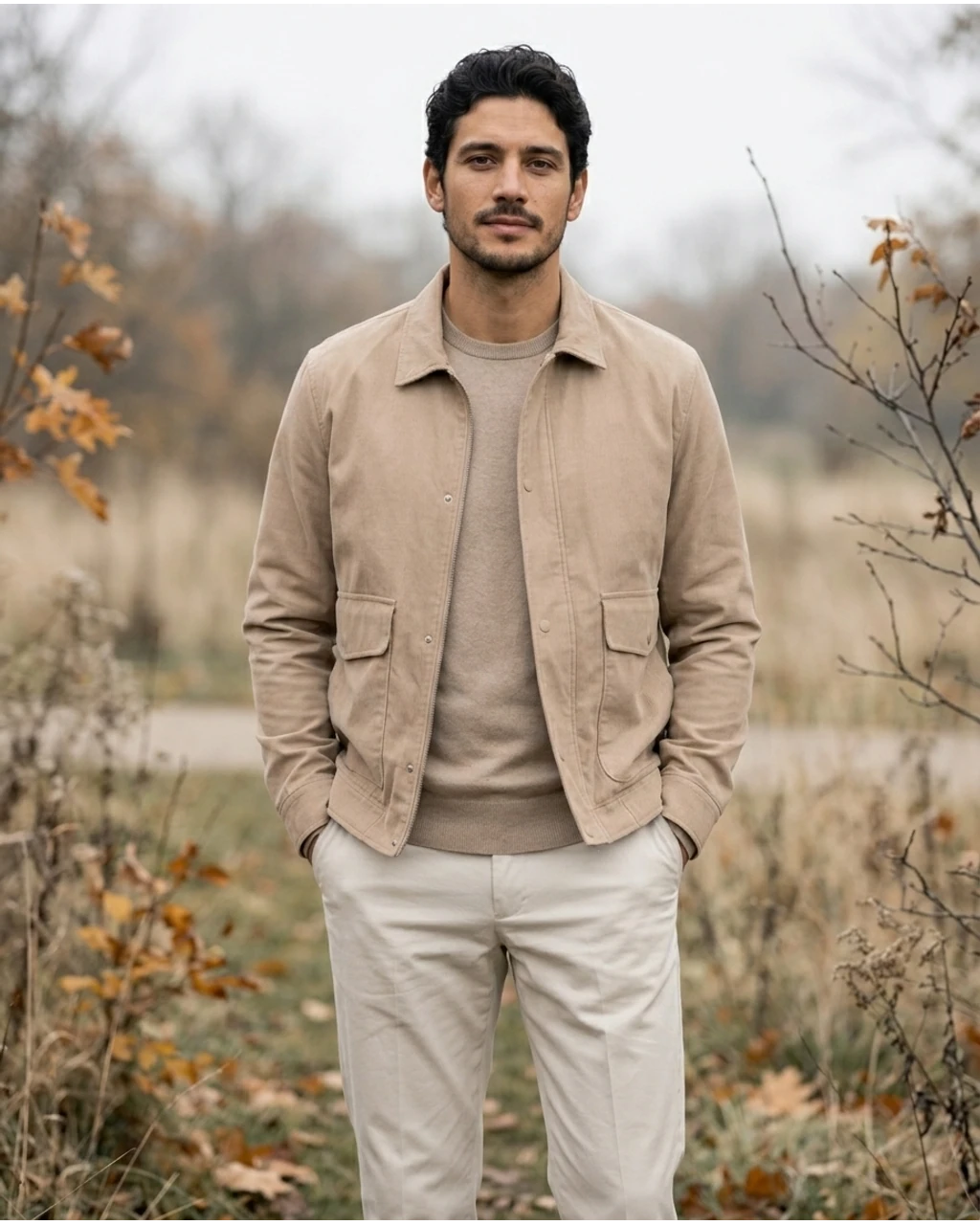 Fictional adult in a seasonal editorial scene created from the source photo