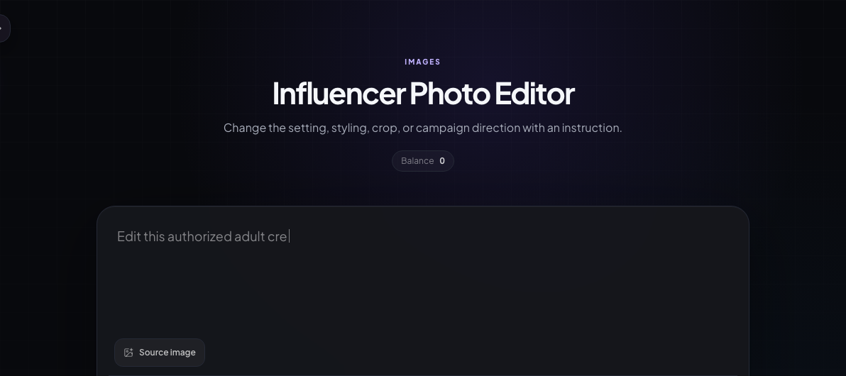 Influence Studio photo editor workspace with a source image and editing controls