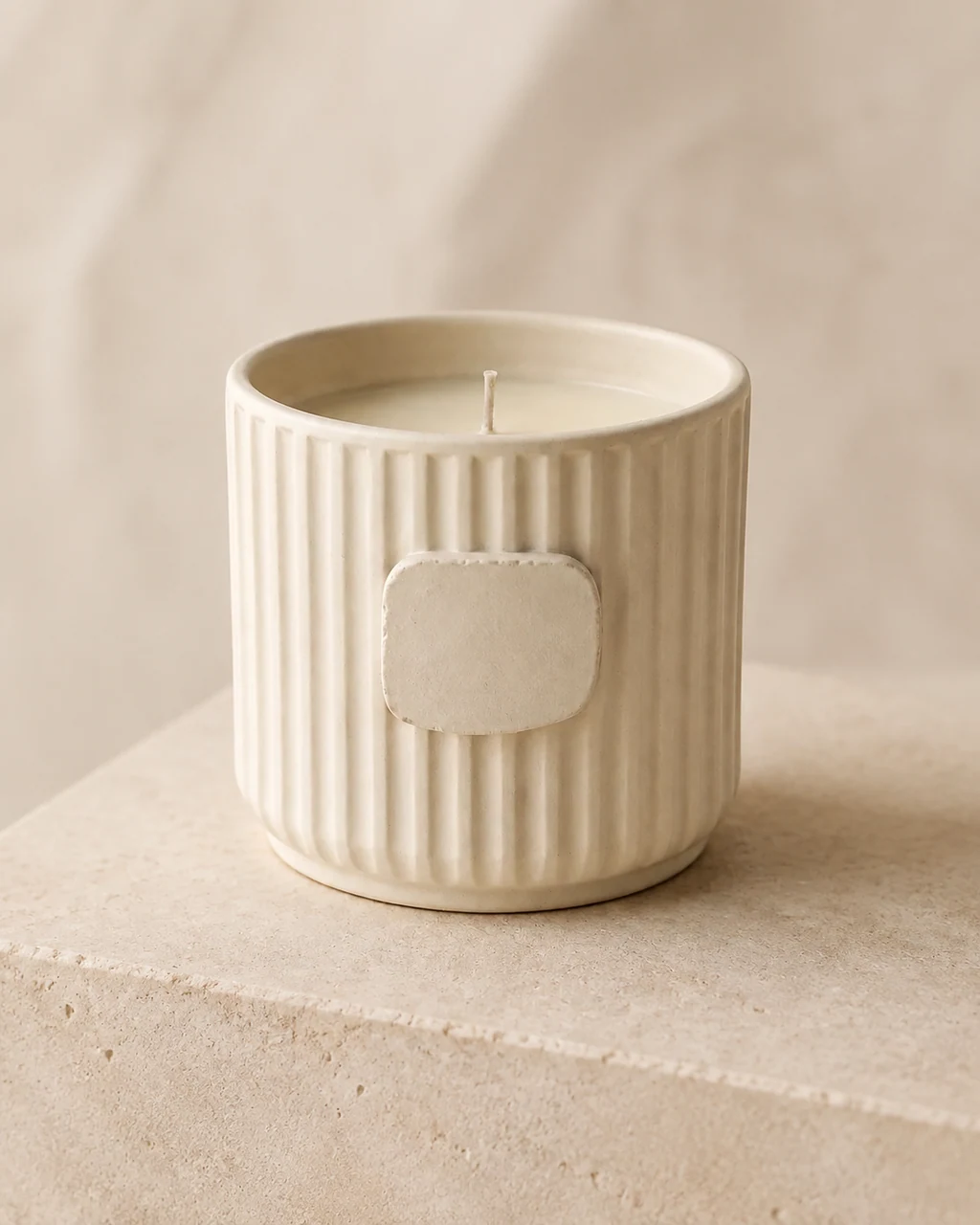 Fictional ceramic candle in a minimal editorial product composition