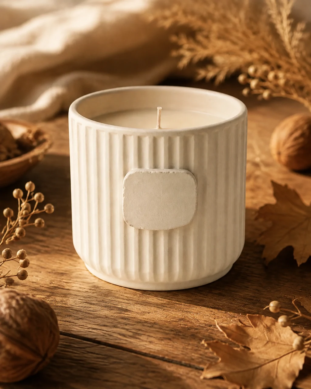 Fictional ceramic candle in a warm seasonal product scene