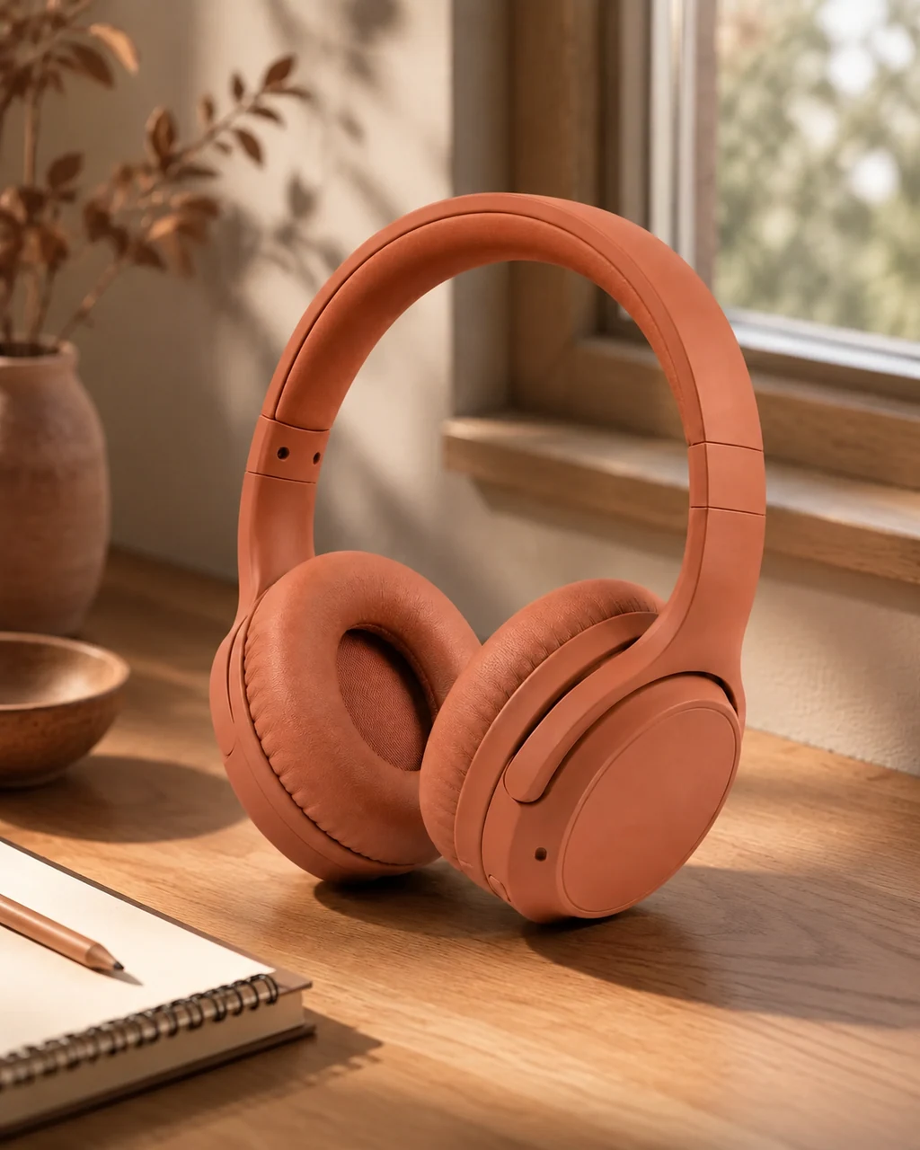 Fictional headphones in a warm desk lifestyle product scene
