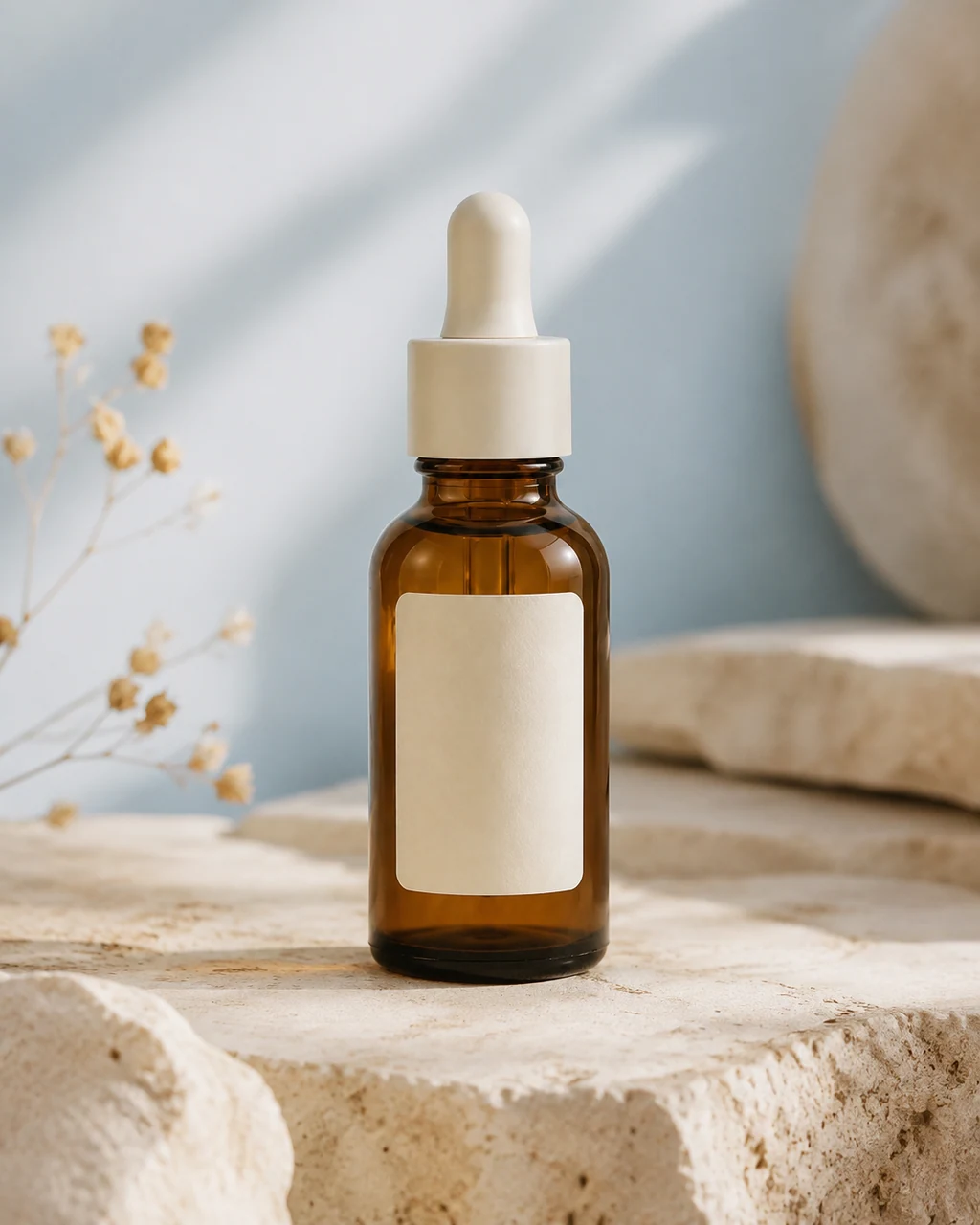 Fictional amber serum bottle in a softly lit studio product scene