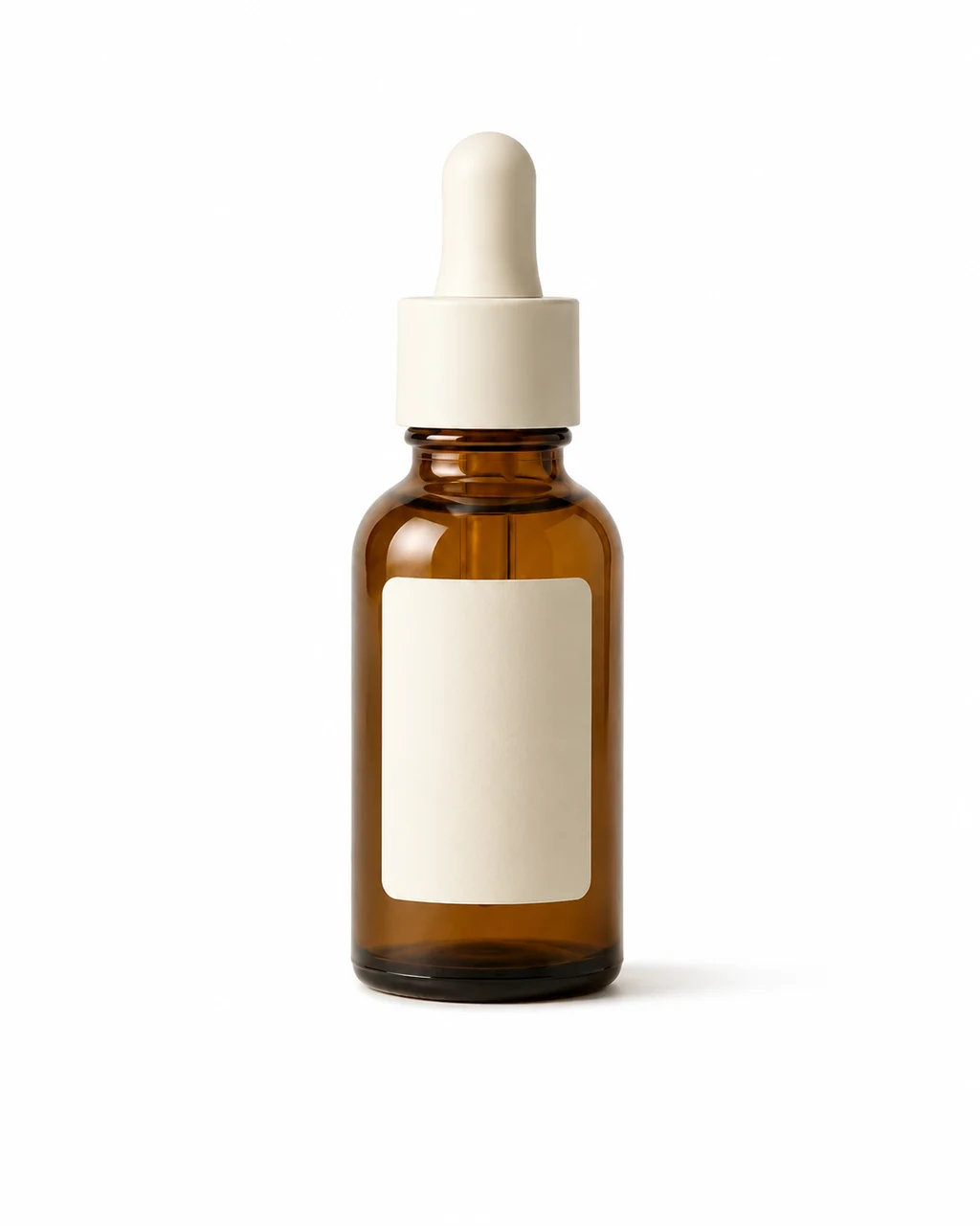 Fictional amber serum bottle in a clean white product image
