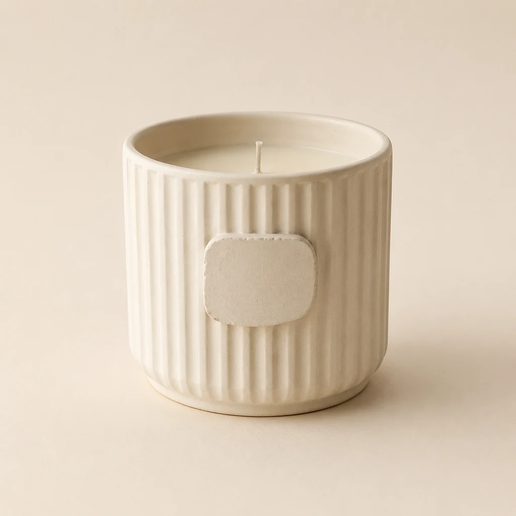 Fictional unbranded ceramic candle on a plain light background
