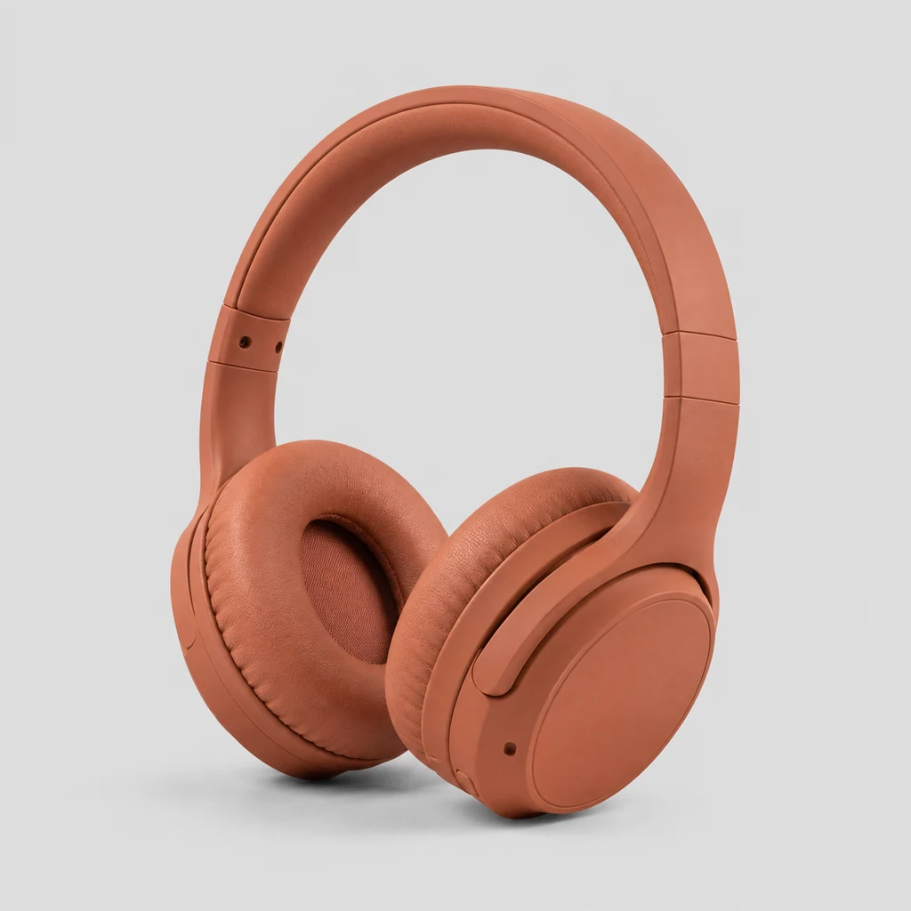 Fictional unbranded over-ear headphones on a plain light background
