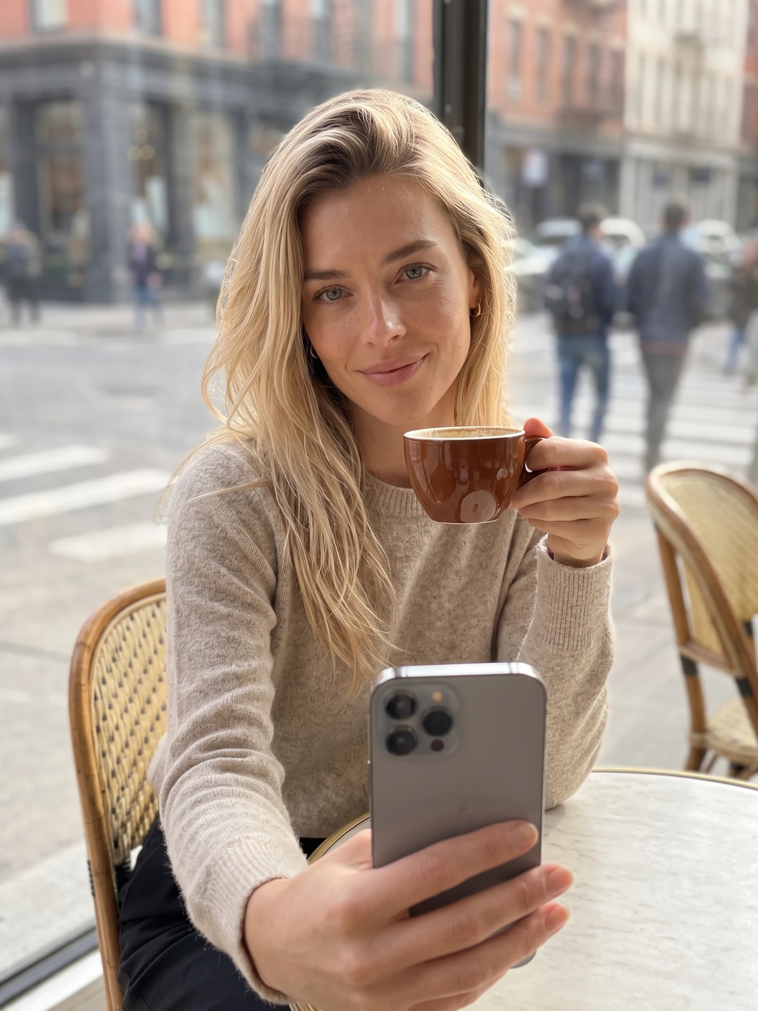 A fictional adult AI influencer seated at a cafe taking a quiet lifestyle selfie.