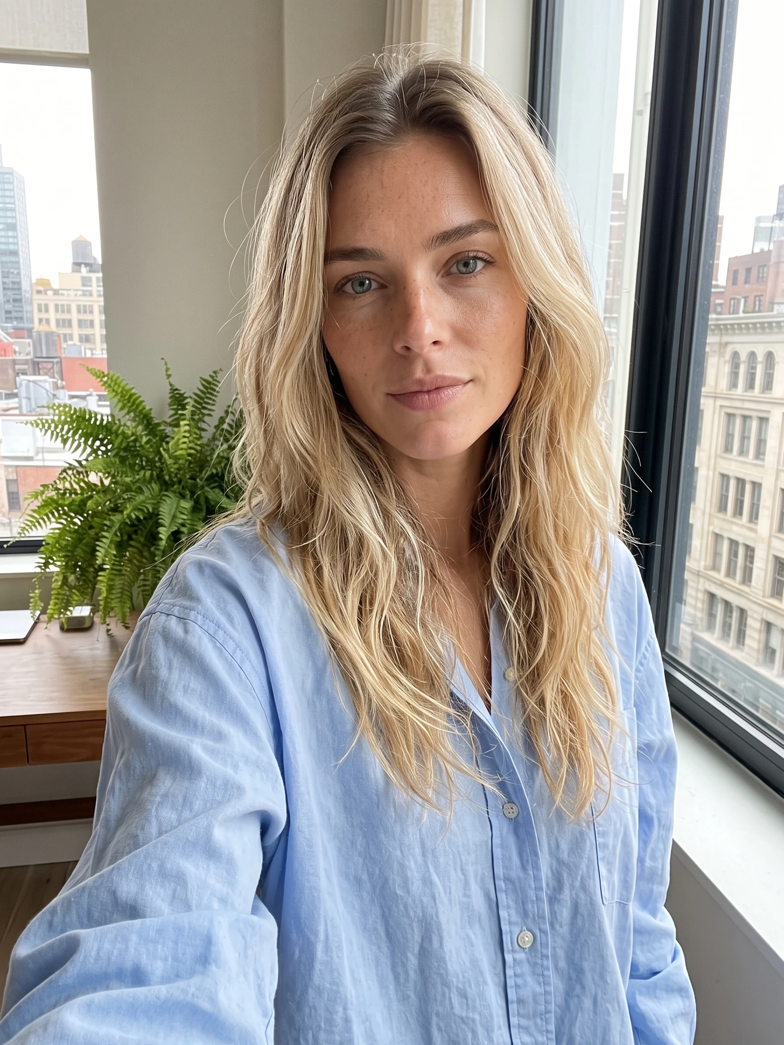 A fictional adult AI influencer taking a soft side-window morning selfie at arm's length.