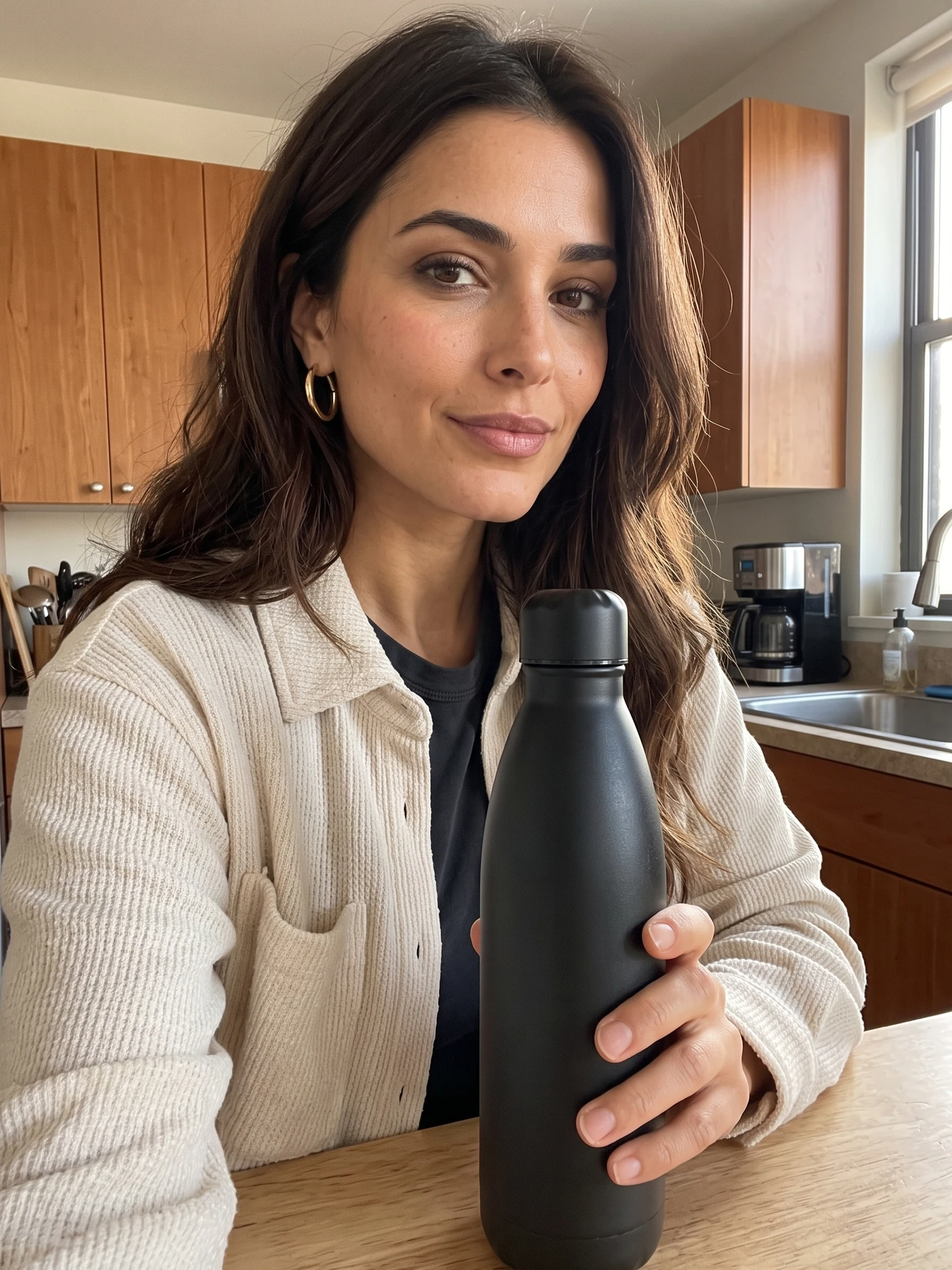 A fictional adult AI influencer holding an unbranded product in a casual indoor selfie.