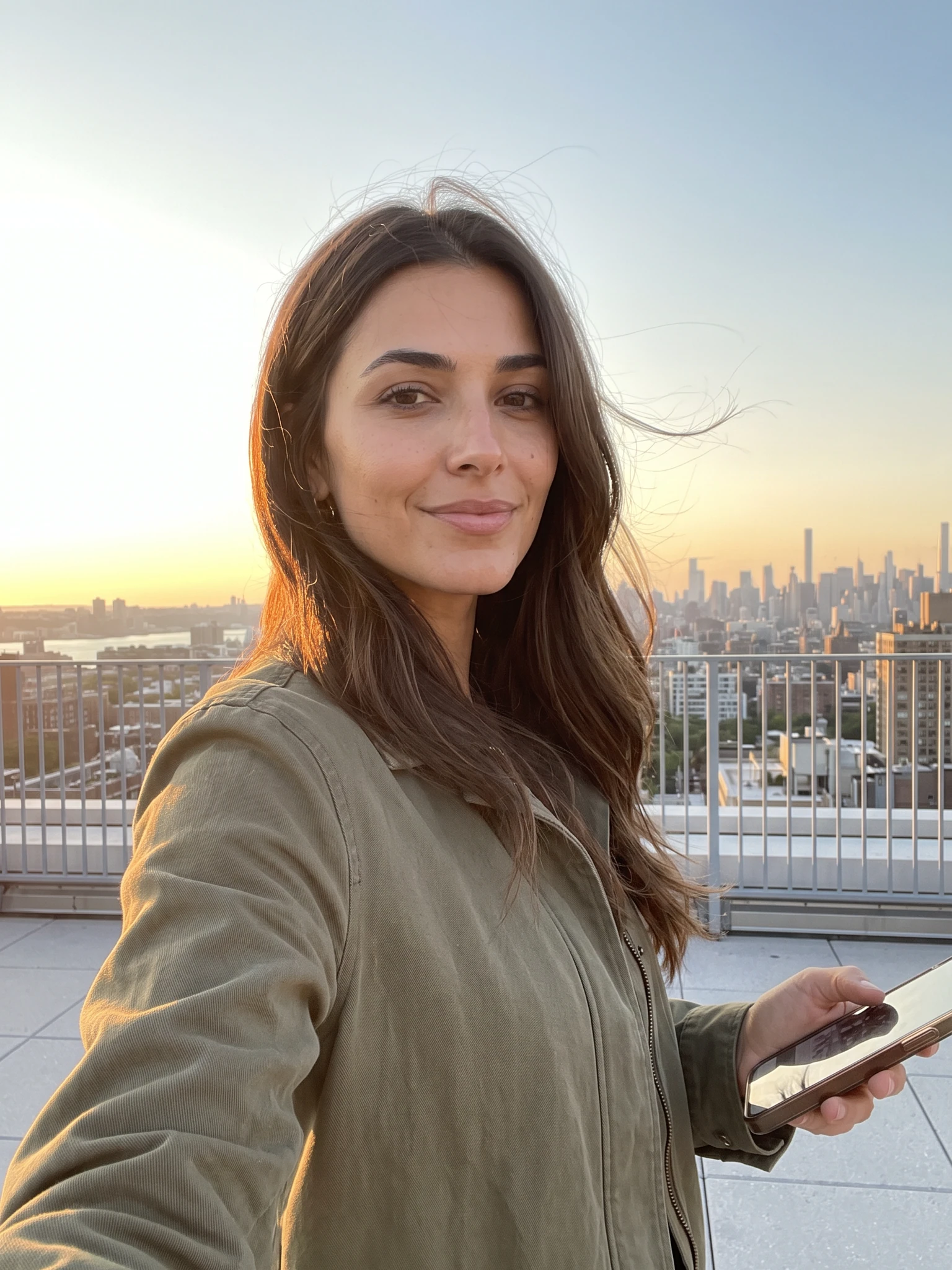 A fictional adult AI influencer taking a rooftop selfie with a city skyline at golden hour.