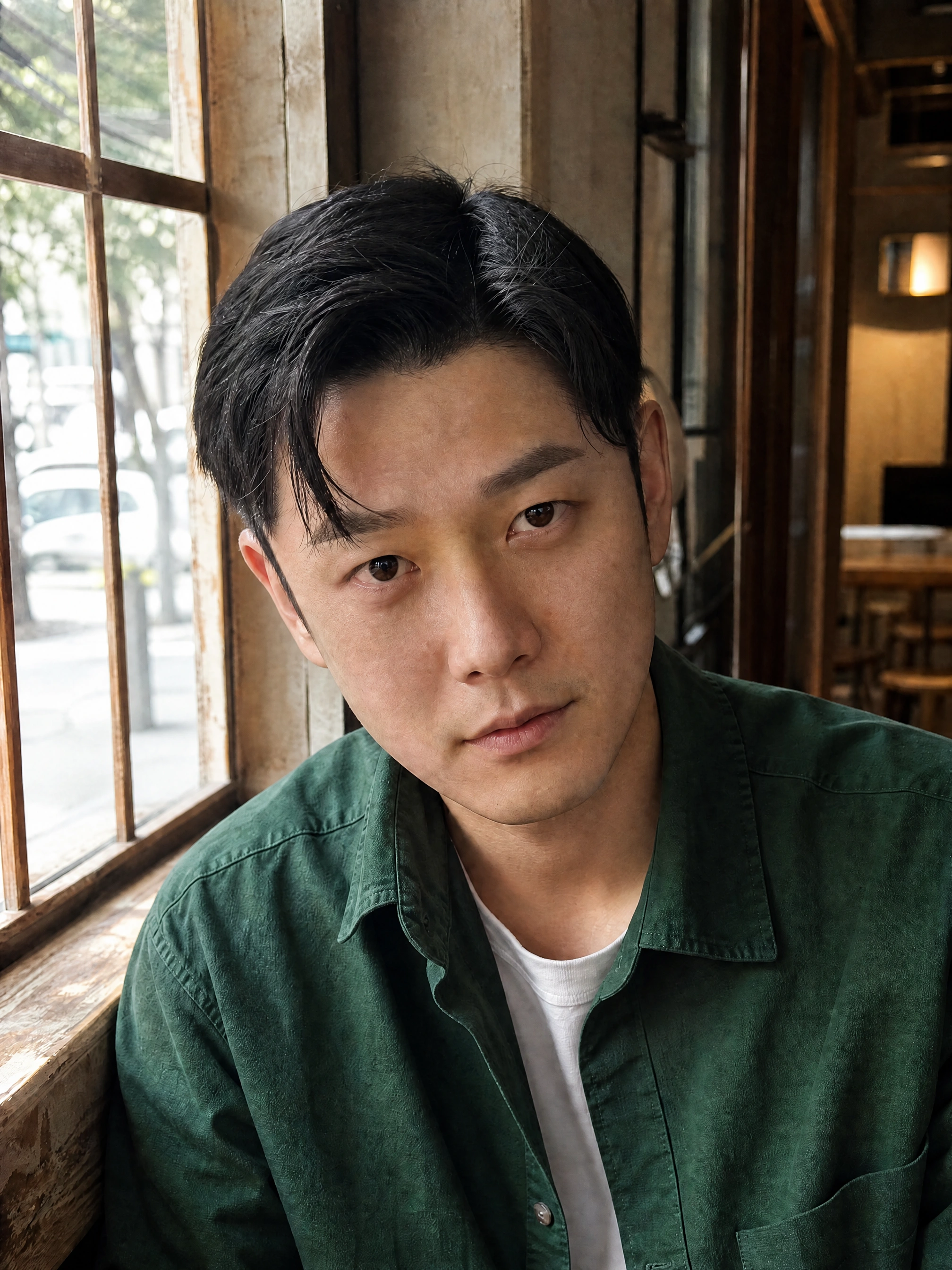 Fictional adult creator at a cafe, actual skin texture editing result