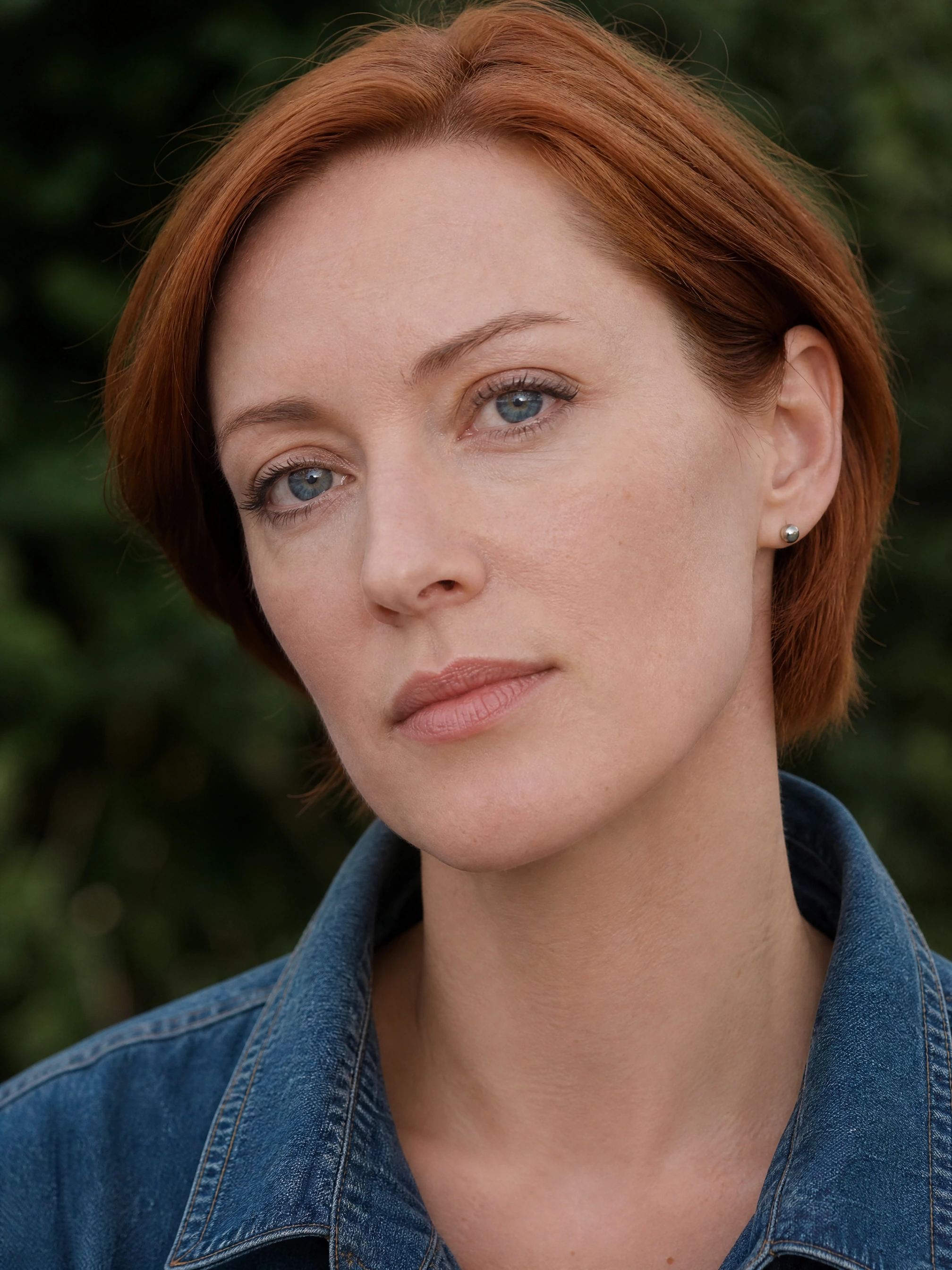 Fictional freckled adult in a close-up portrait, before skin texture editing