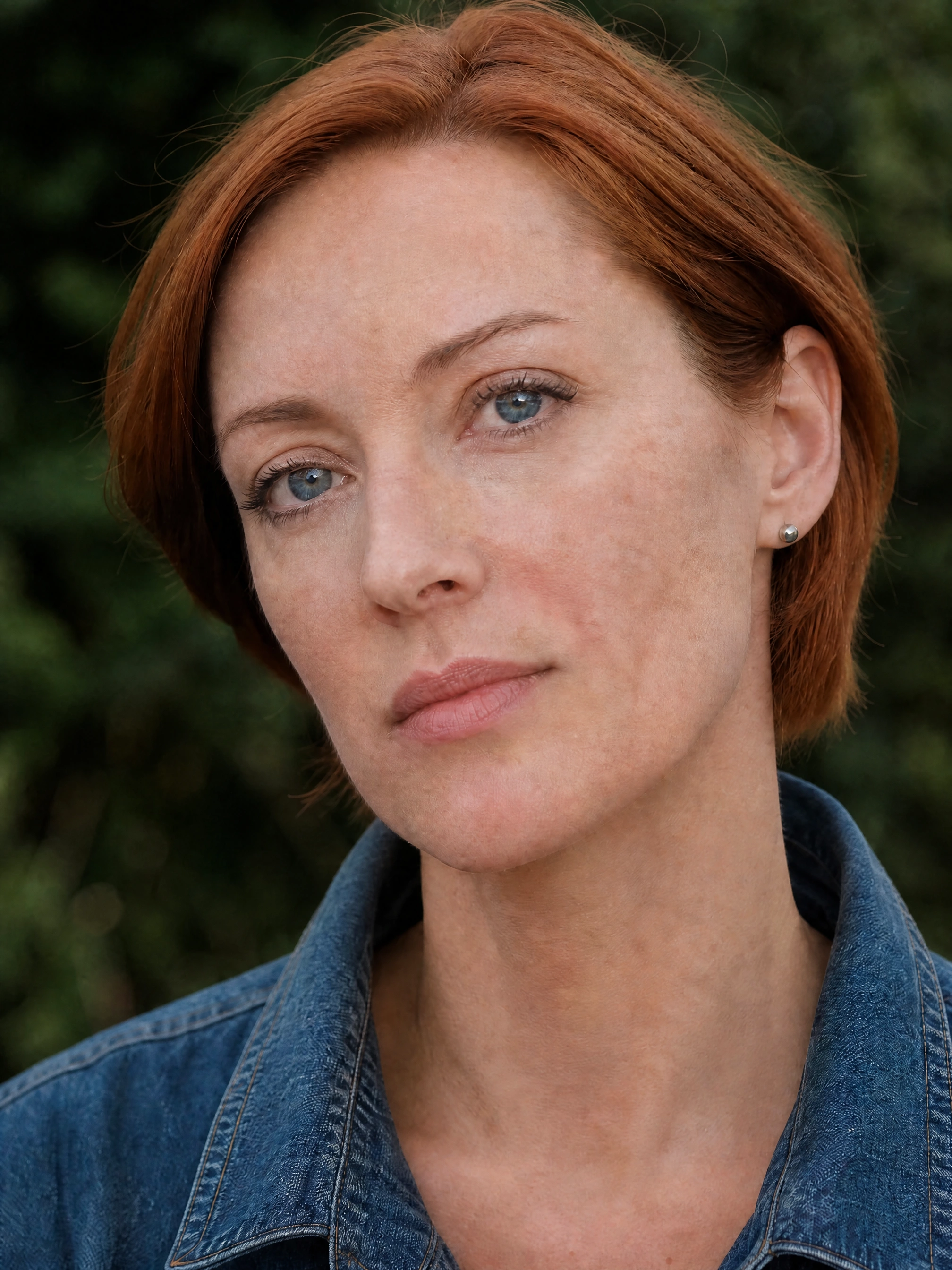 Fictional freckled adult in a close-up portrait, actual skin texture editing result