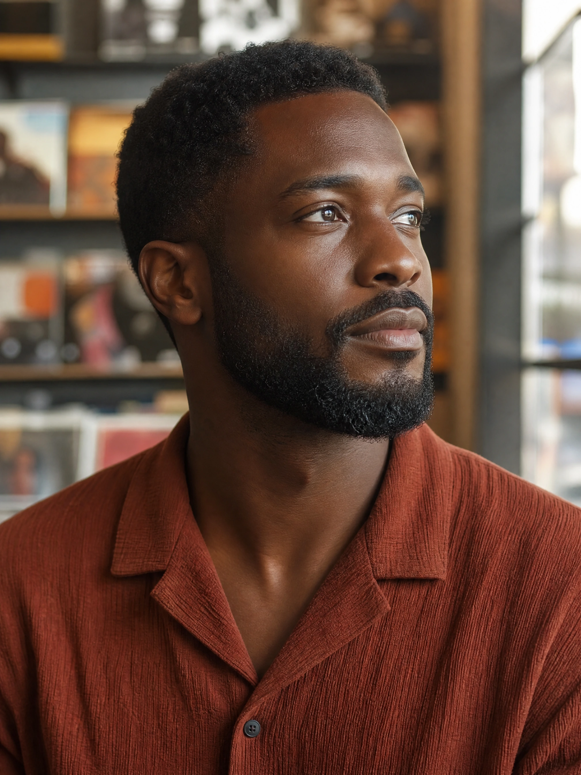Fictional adult man with deep brown skin in daylight, before skin texture editing