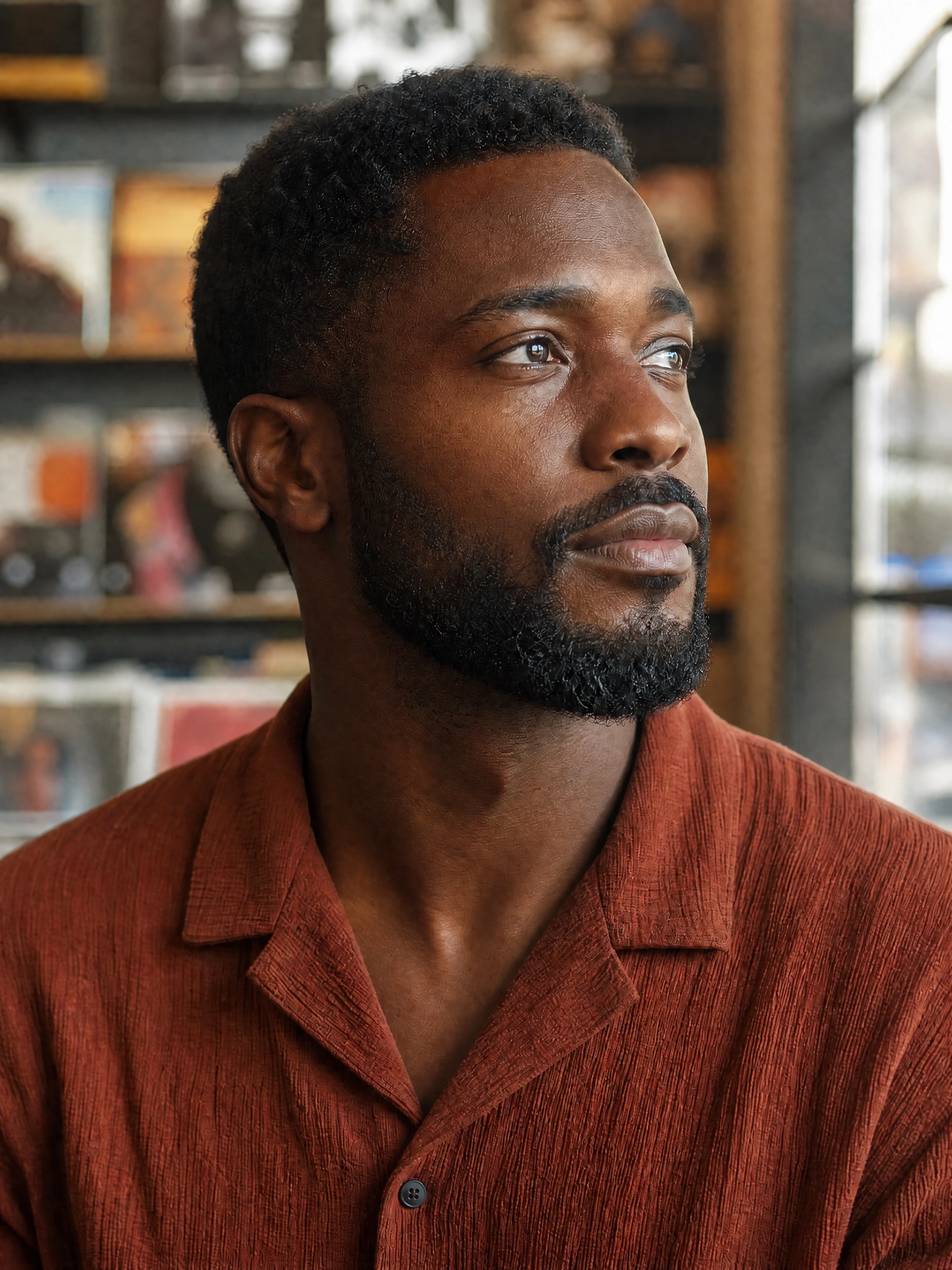 Fictional adult man with deep brown skin in daylight, actual skin texture editing result