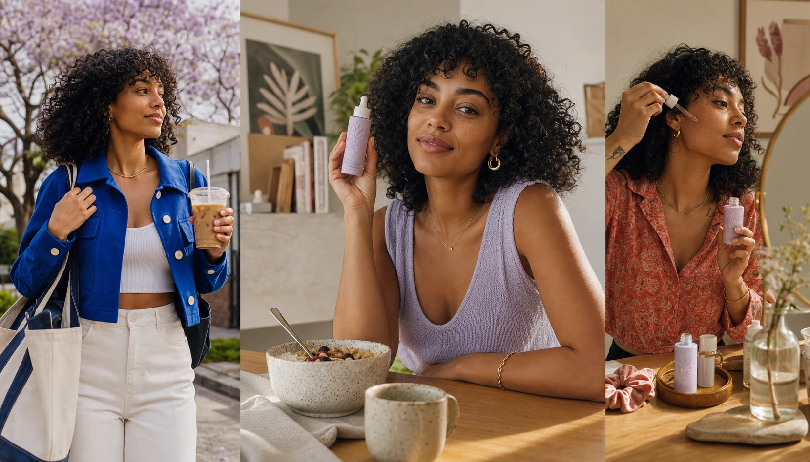 Three social campaign scenes featuring one distinctive fictional AI skincare creator.