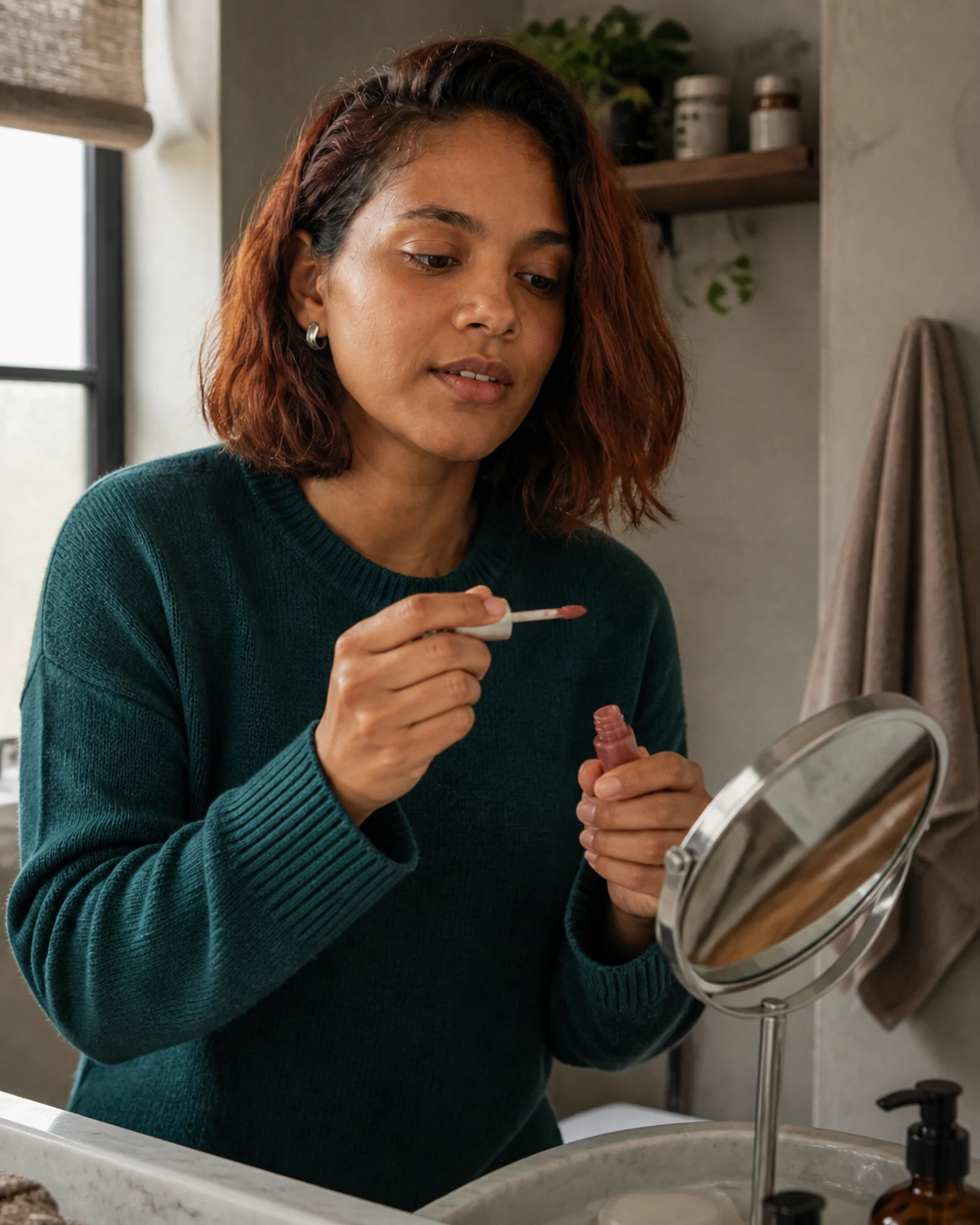 Fictional adult creator opening an unbranded lip color at a bathroom mirror