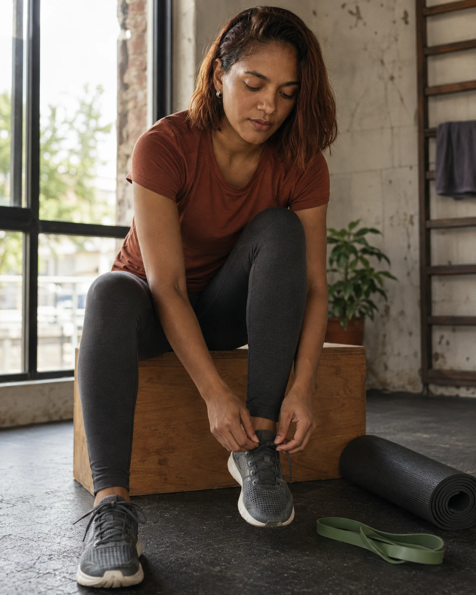 Fictional adult fitness creator tying a shoe before a beginner warm-up