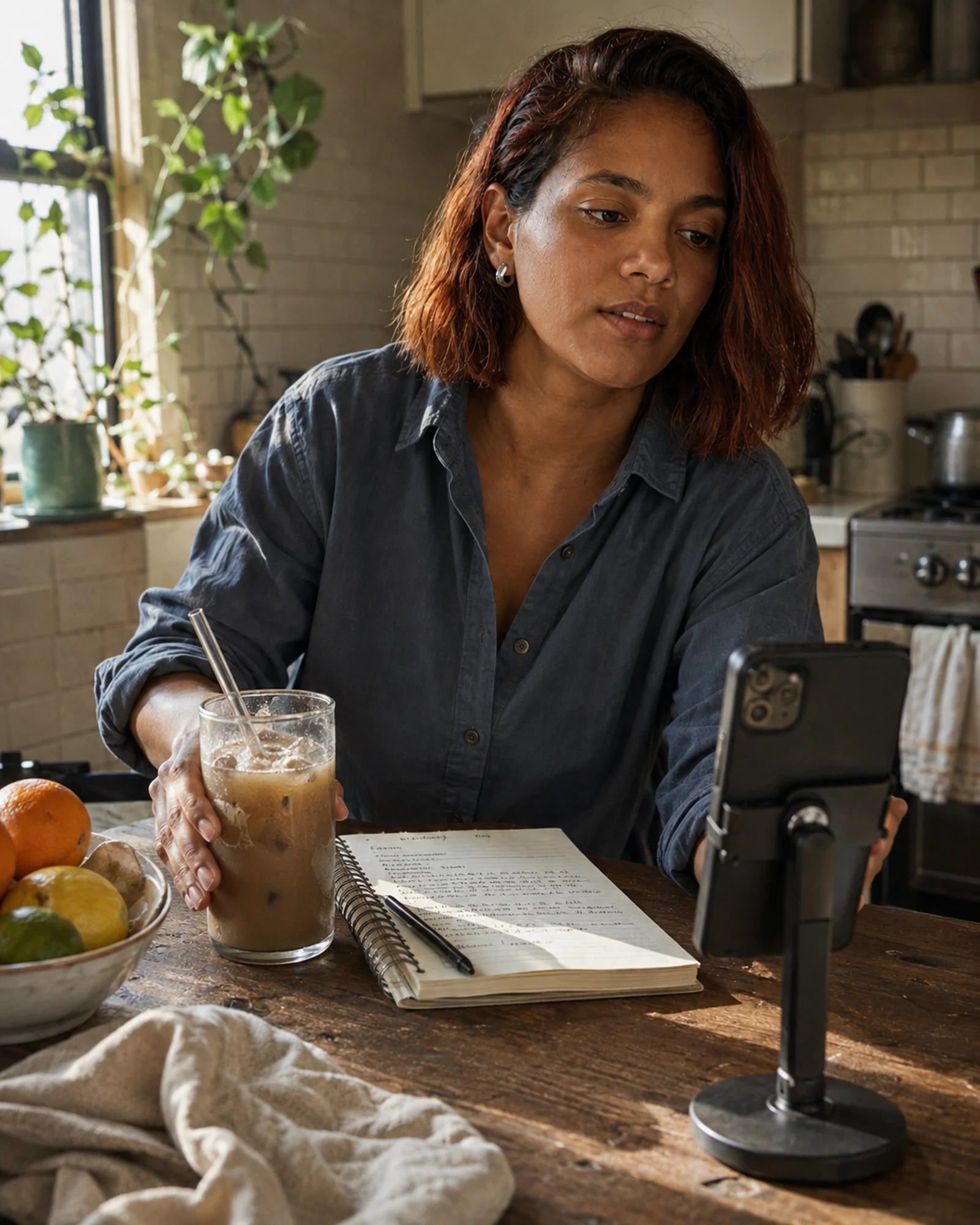 Fictional adult lifestyle creator preparing an iced coffee and a morning shot list