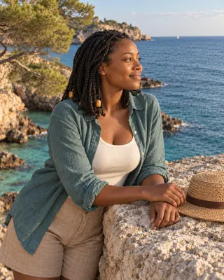 Beach Vacation: Closer portrait with beaded braids in coastal light