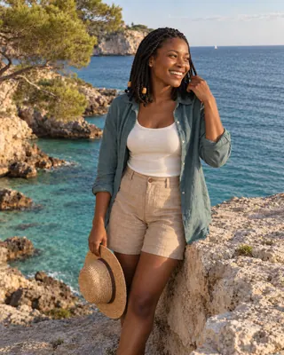 Beach Vacation: A relaxed smile on the same rocky coastline