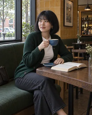 Coffee Shop Lifestyle: Drinking from a blue cup at the same window table